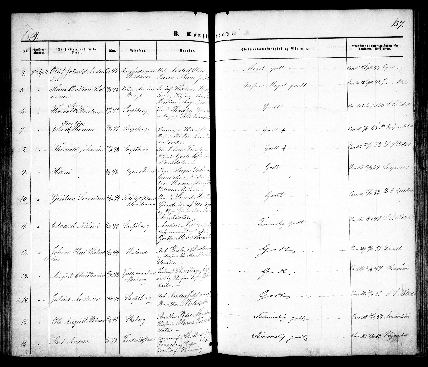 Sarpsborg prestekontor Kirkebøker, AV/SAO-A-2006/F/Fa/L0001: Parish register (official) no. 1, 1859-1868, p. 157