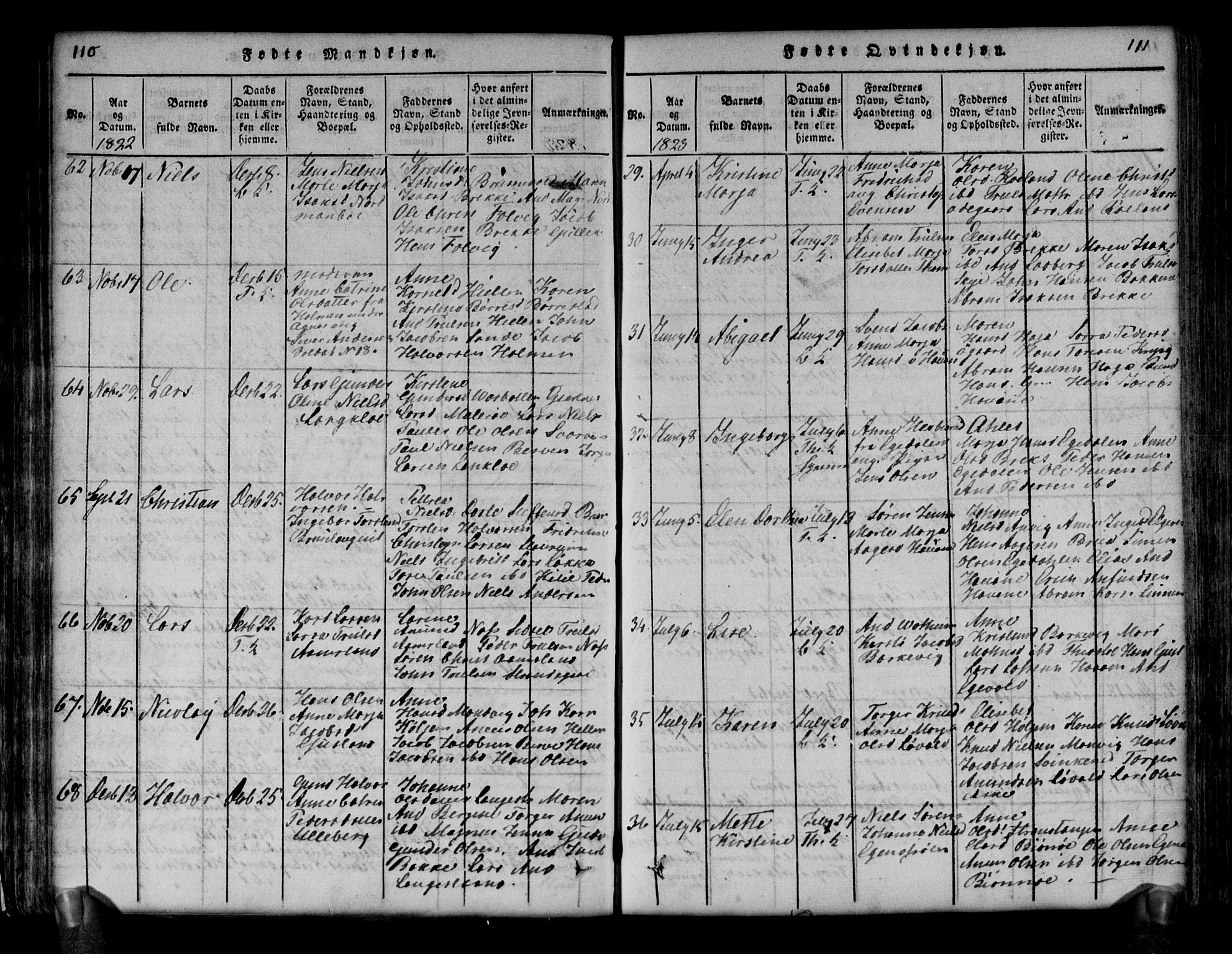 Brunlanes kirkebøker, AV/SAKO-A-342/G/Ga/L0001: Parish register (copy) no. I 1, 1814-1834, p. 110-111