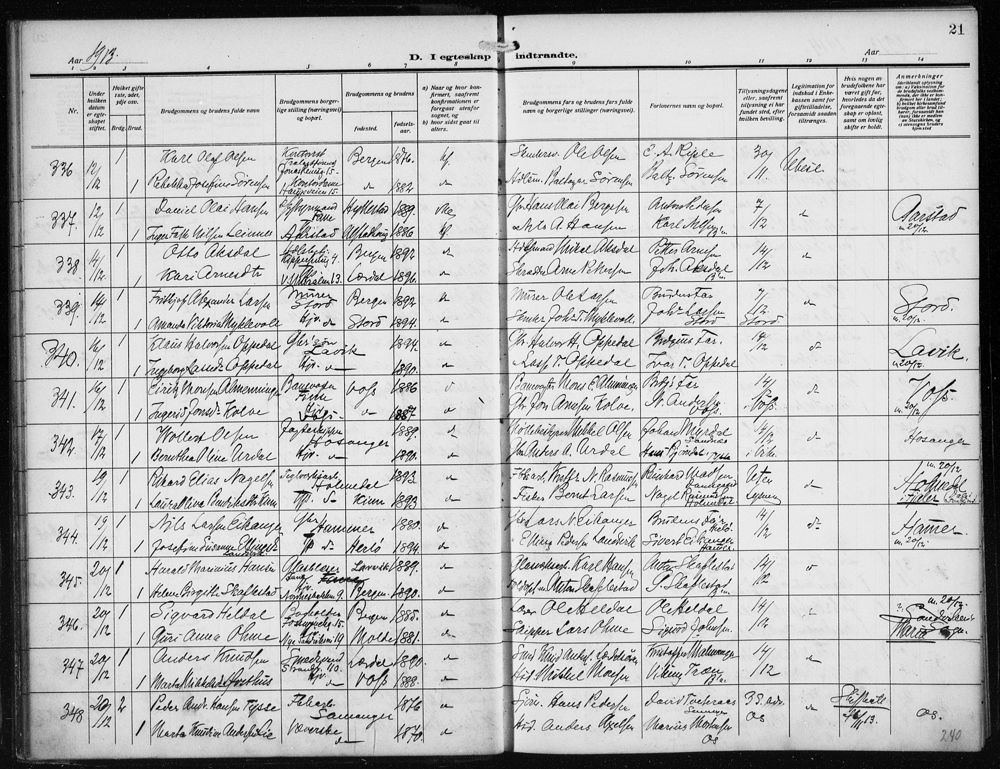Nykirken Sokneprestembete, AV/SAB-A-77101/H/Haa/L0036: Parish register (official) no. D 6, 1913-1918, p. 21