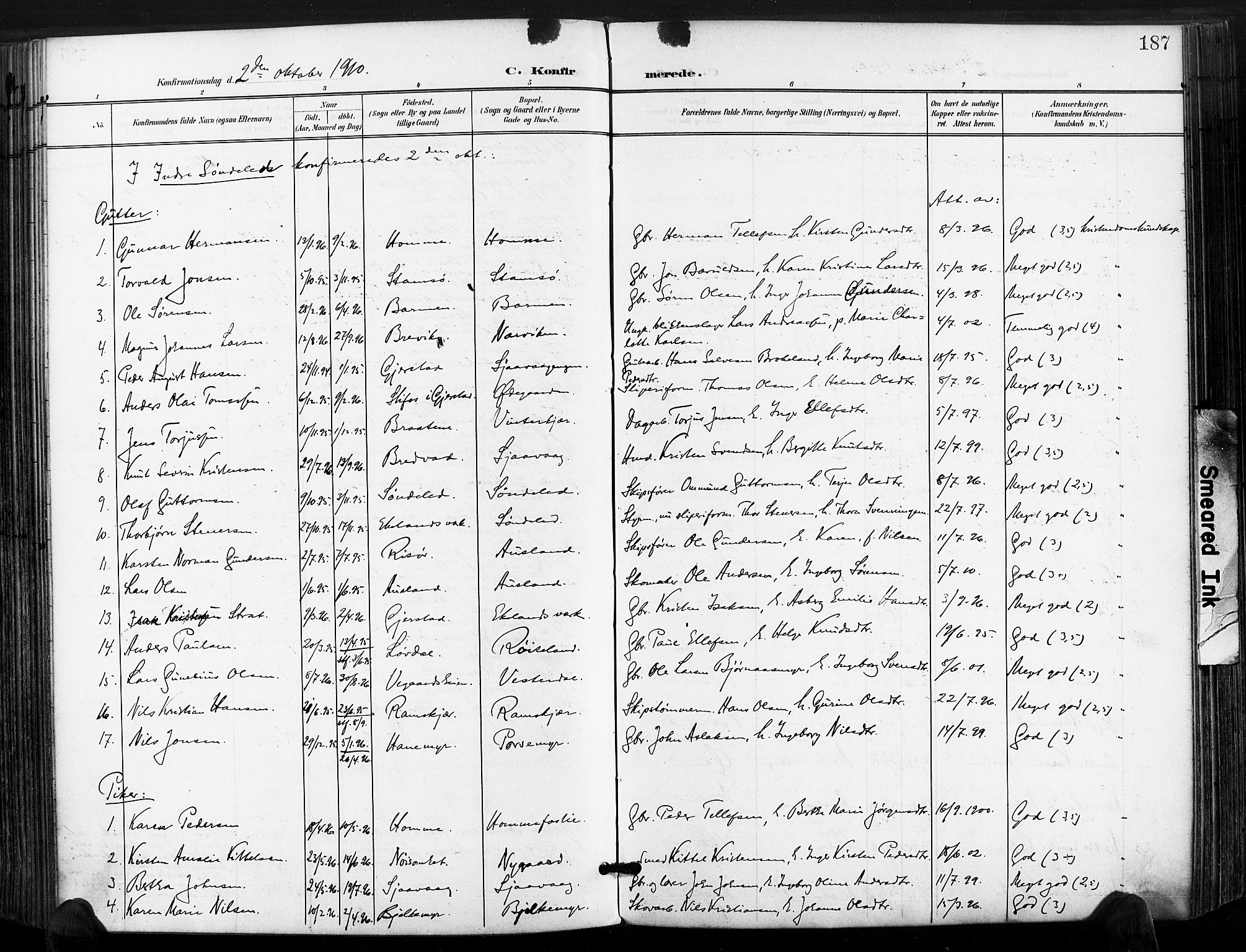 Søndeled sokneprestkontor, AV/SAK-1111-0038/F/Fa/L0006: Parish register (official) no. A 6, 1900-1922, p. 187