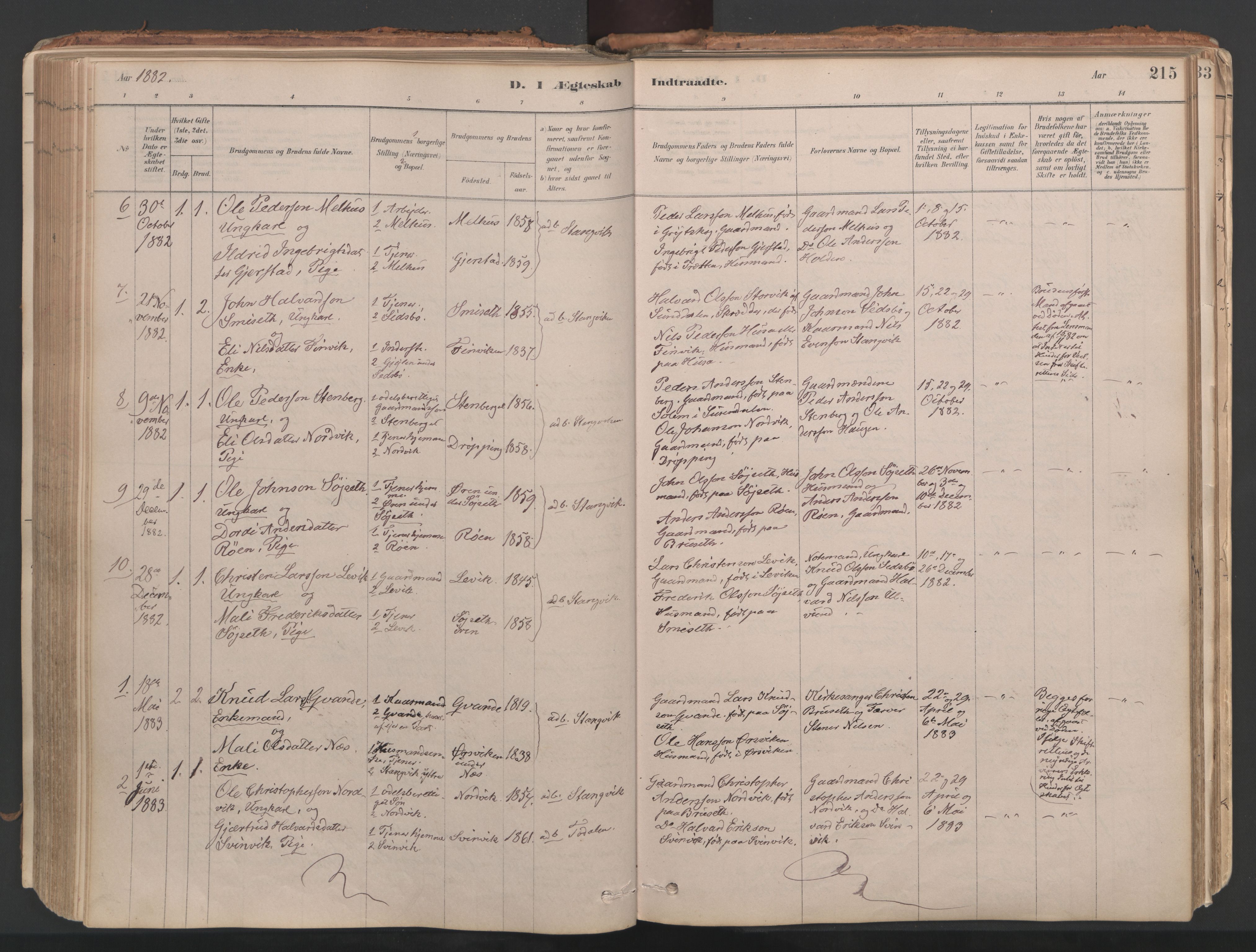 Ministerialprotokoller, klokkerbøker og fødselsregistre - Møre og Romsdal, AV/SAT-A-1454/592/L1029: Parish register (official) no. 592A07, 1879-1902, p. 215