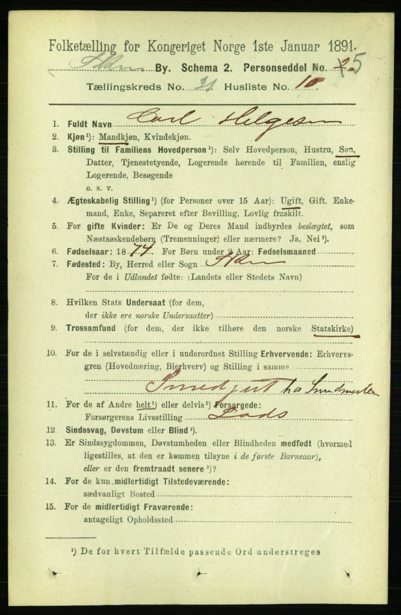 RA, 1891 census for 0806 Skien, 1891, p. 7116