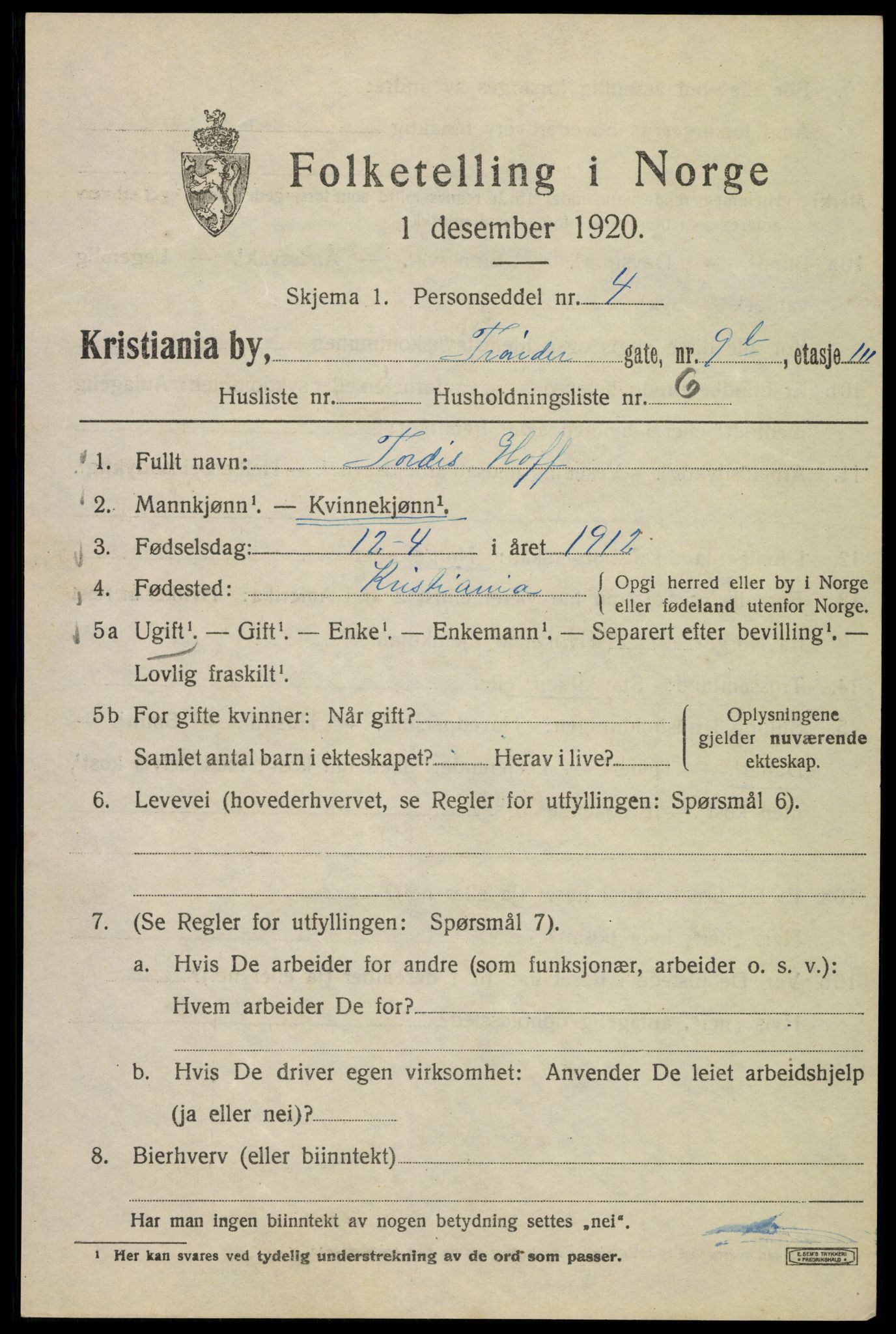 SAO, 1920 census for Kristiania, 1920, p. 604169