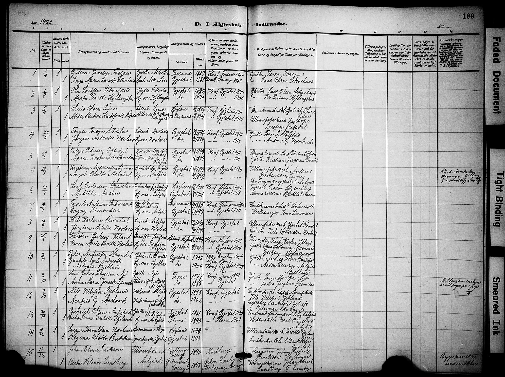 Lye sokneprestkontor, SAST/A-101794/001/30BB/L0009: Parish register (copy) no. B 9, 1902-1923, p. 189