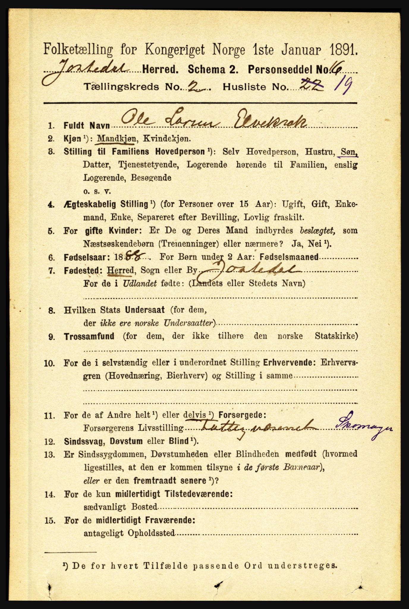 RA, 1891 census for 1427 Jostedal, 1891, p. 654