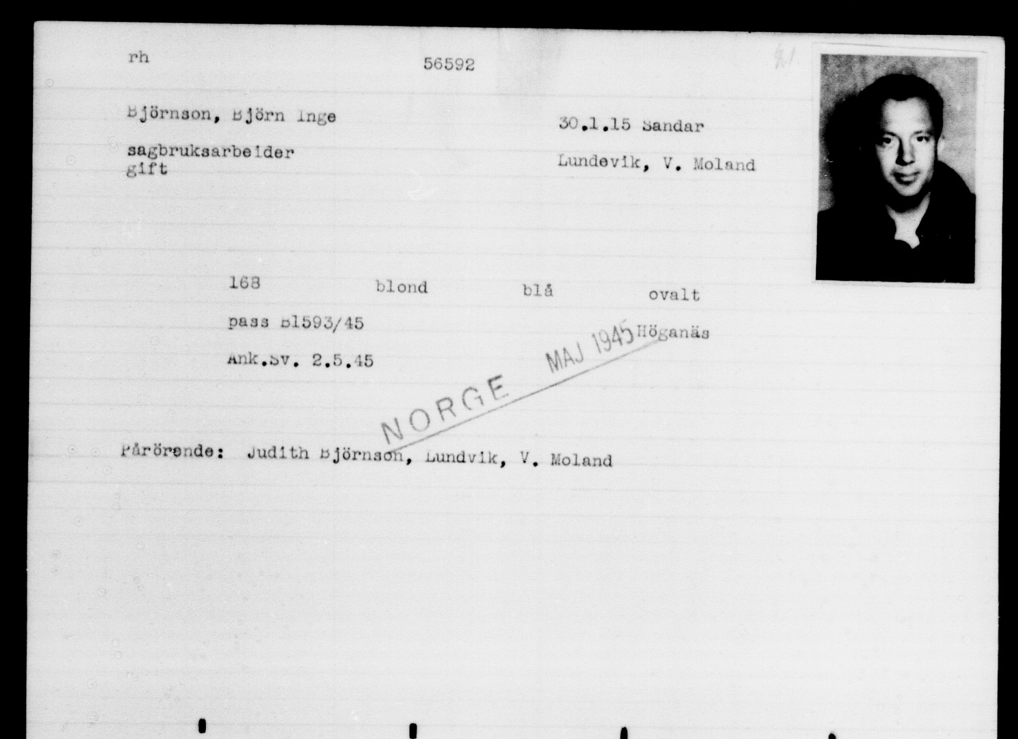 Utenriksstasjonene, Legasjonen i Stockholm, Flyktningkontoret, AV/RA-S-6753/V/Va/L0020: Kjesäterkartoteket, flyktninger med registreringsnr. 55000-58245, 1940-1945, p. 1591