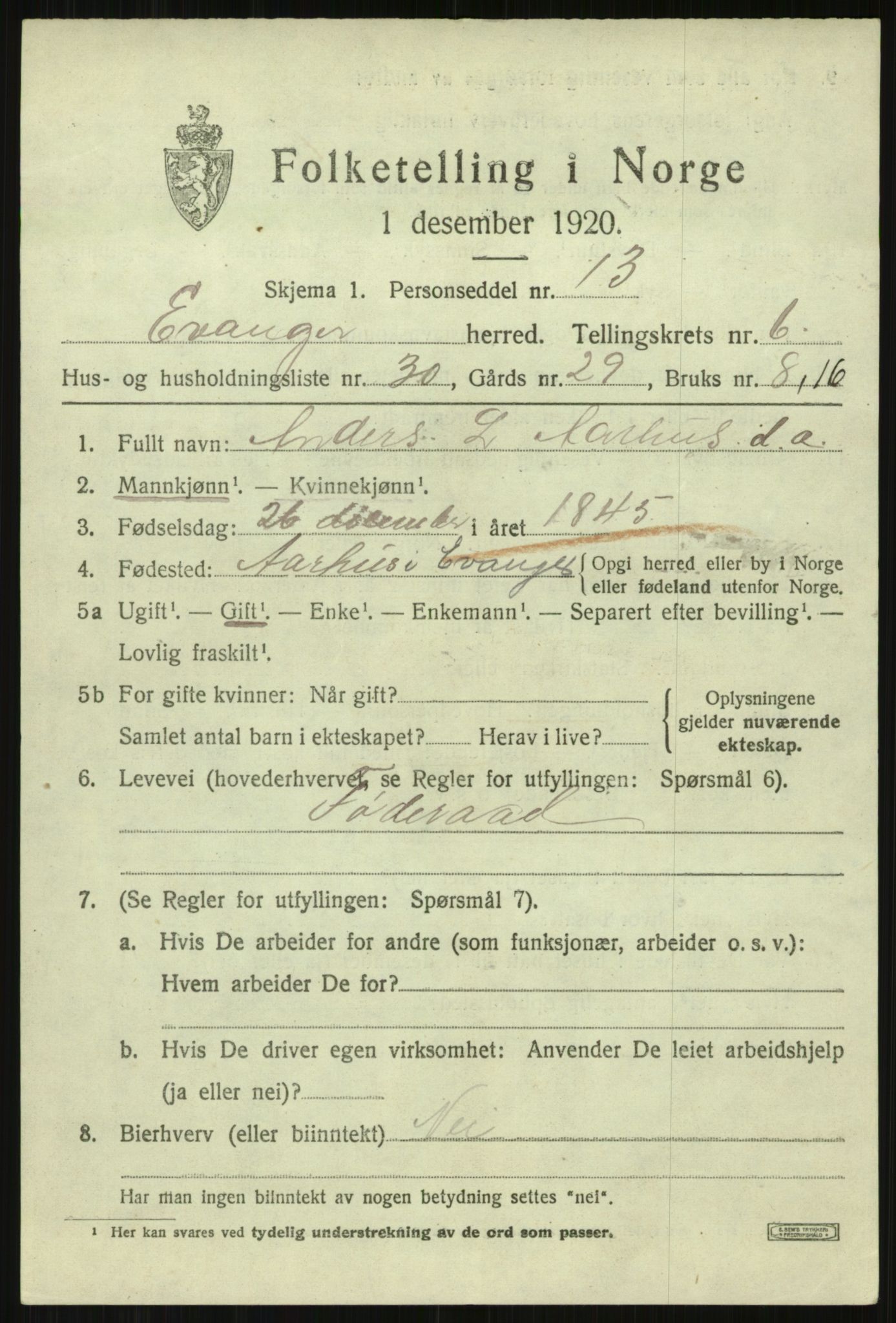 SAB, 1920 census for Evanger, 1920, p. 2315