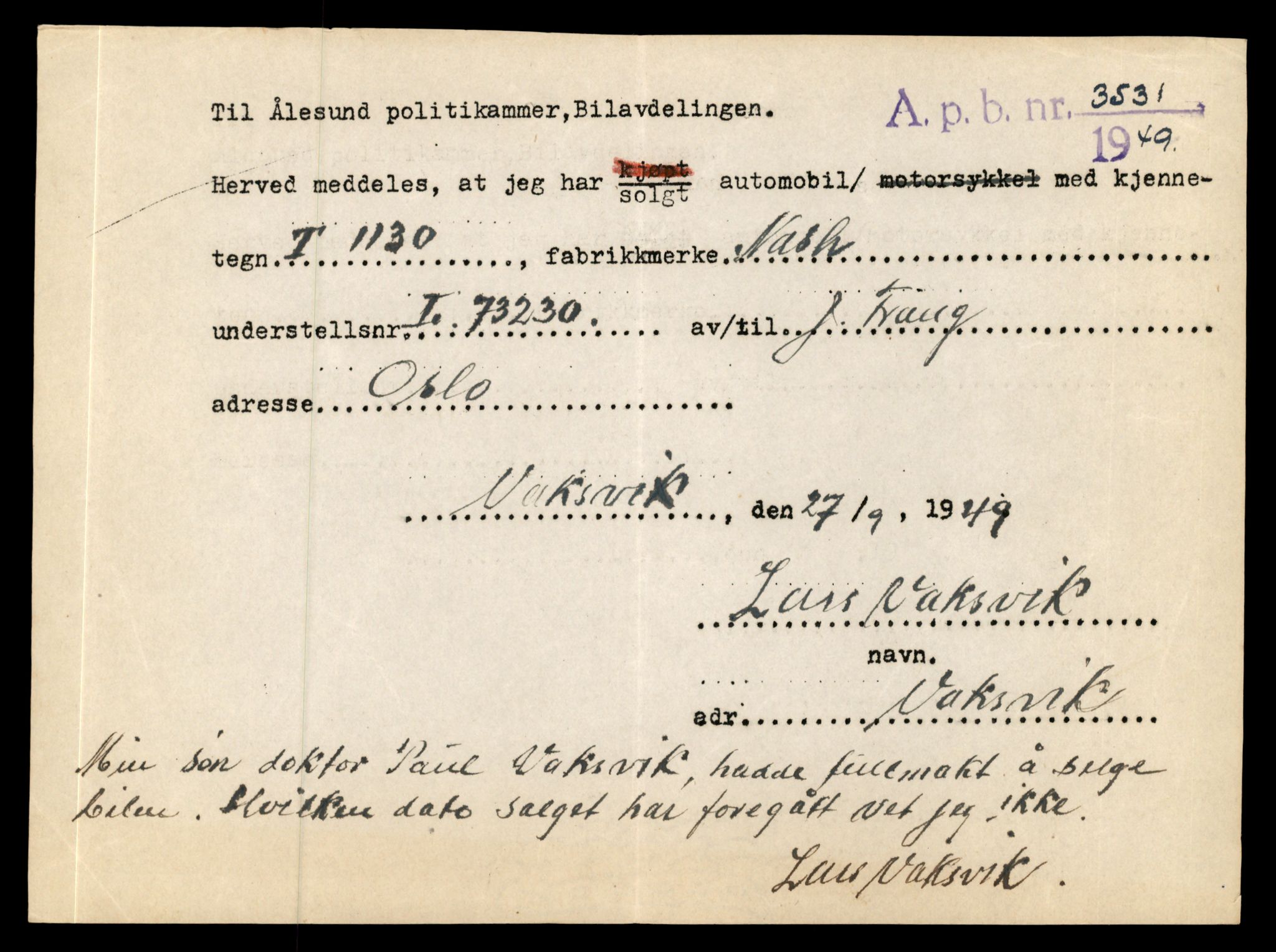 Møre og Romsdal vegkontor - Ålesund trafikkstasjon, AV/SAT-A-4099/F/Fe/L0010: Registreringskort for kjøretøy T 1050 - T 1169, 1927-1998, p. 2271