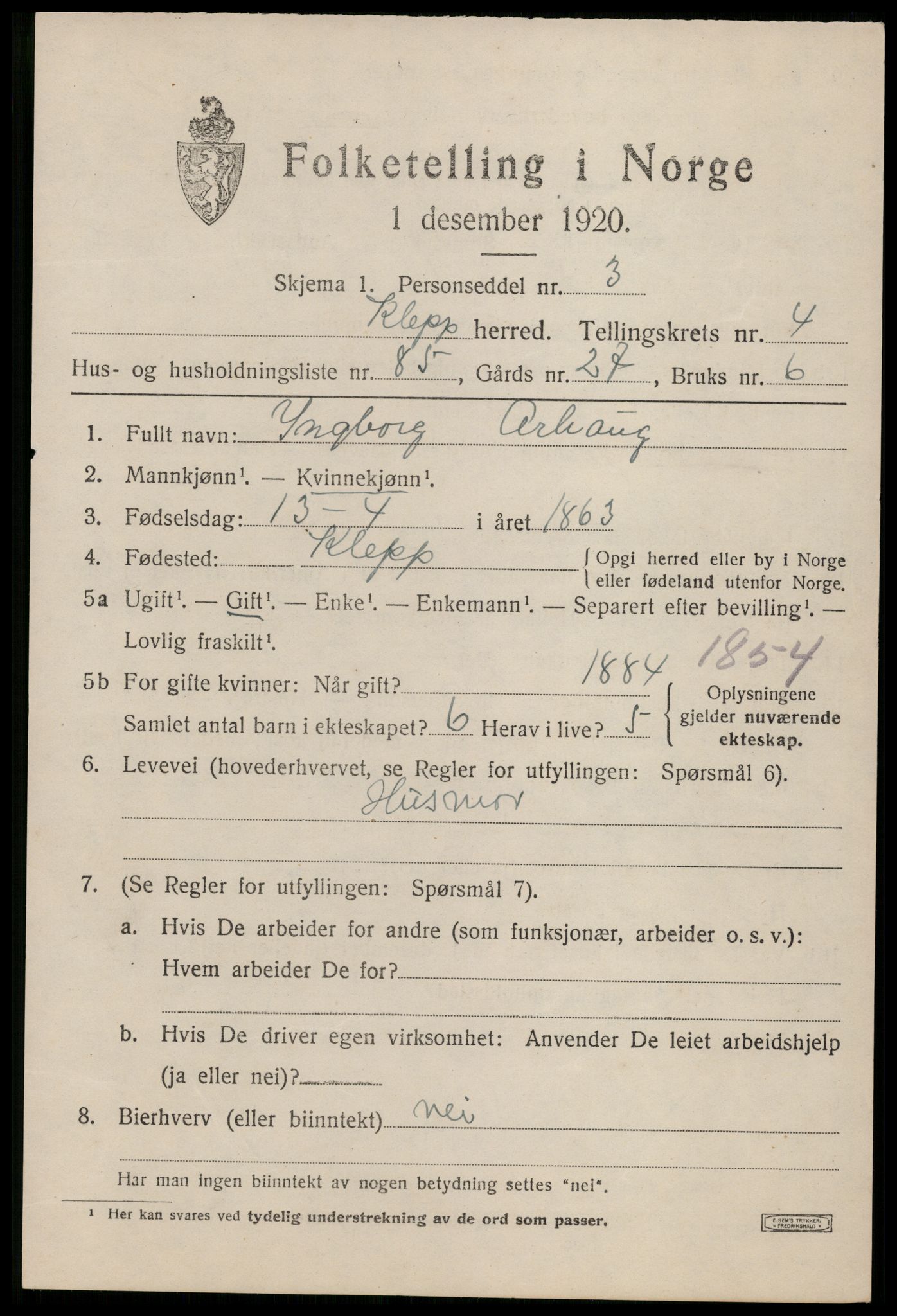 SAST, 1920 census for Klepp, 1920, p. 5348