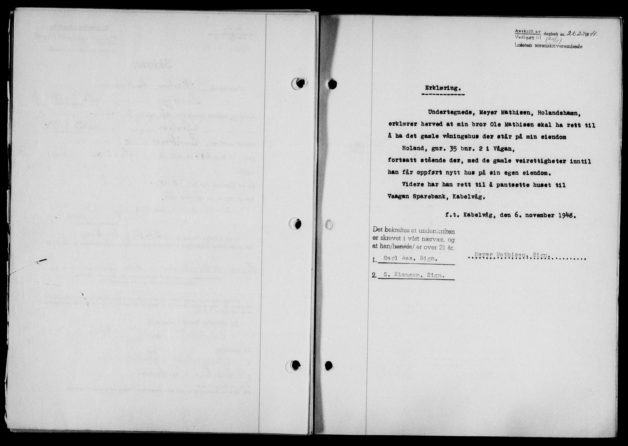 Lofoten sorenskriveri, SAT/A-0017/1/2/2C/L0019a: Mortgage book no. 19a, 1948-1948, Diary no: : 2622/1948