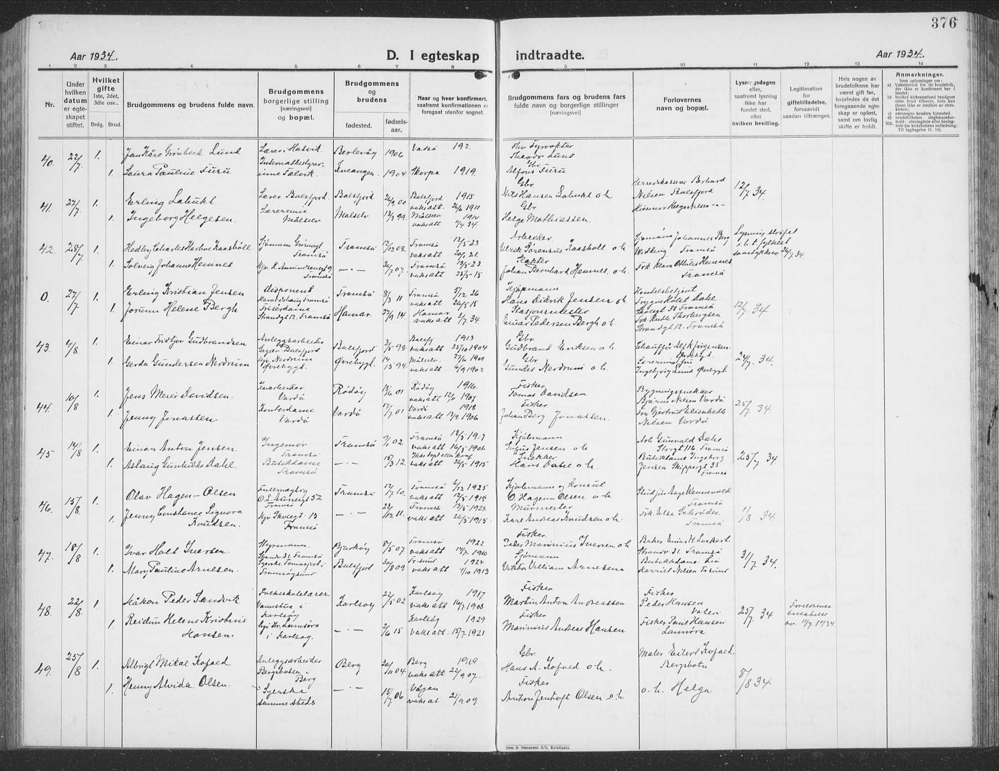 Tromsø sokneprestkontor/stiftsprosti/domprosti, SATØ/S-1343/G/Gb/L0010klokker: Parish register (copy) no. 10, 1925-1937, p. 376