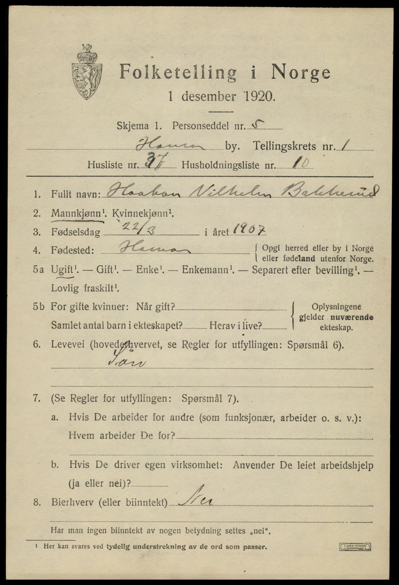 SAH, 1920 census for Hamar, 1920, p. 5143