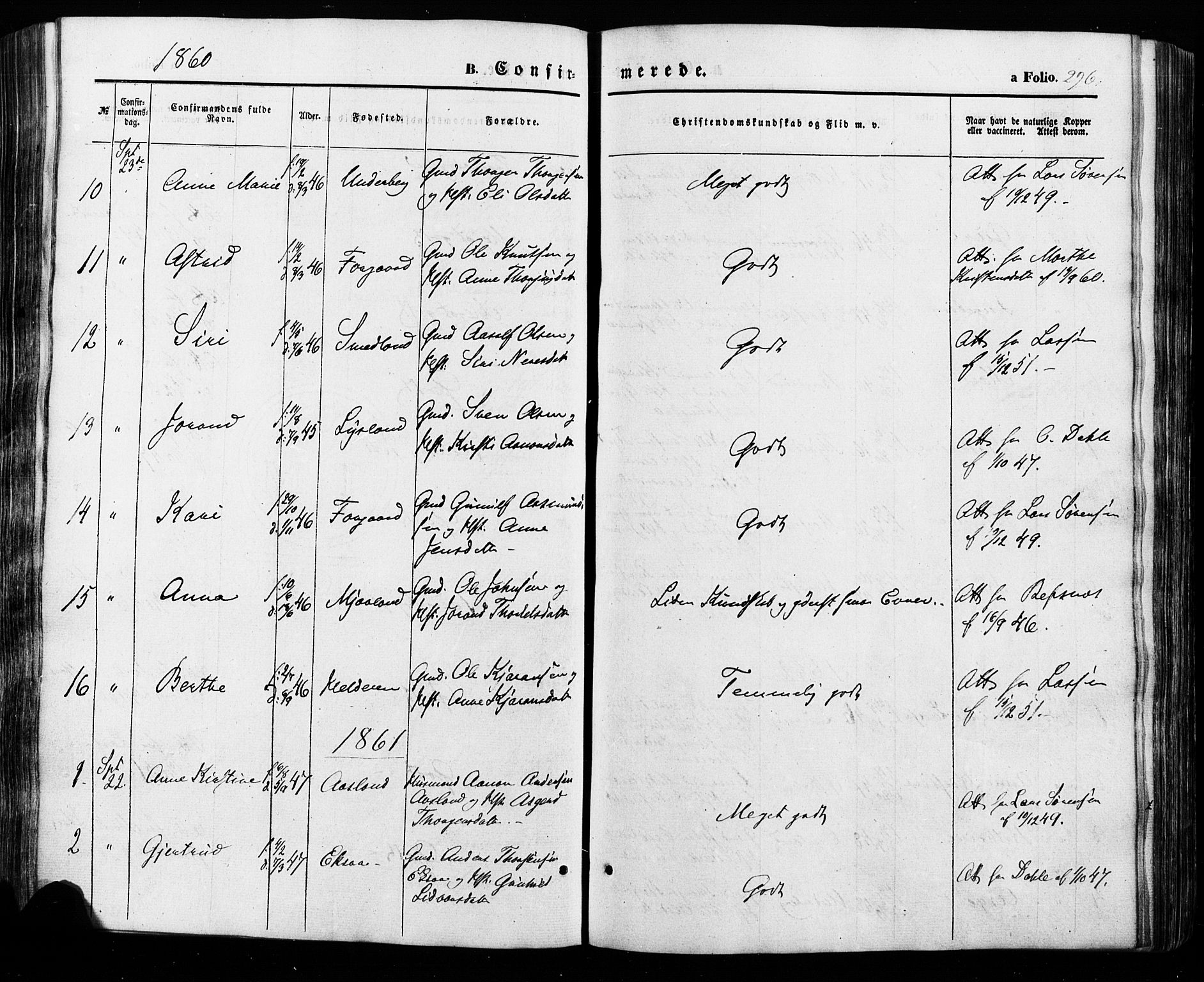 Åseral sokneprestkontor, SAK/1111-0051/F/Fa/L0002: Parish register (official) no. A 2, 1854-1884, p. 296