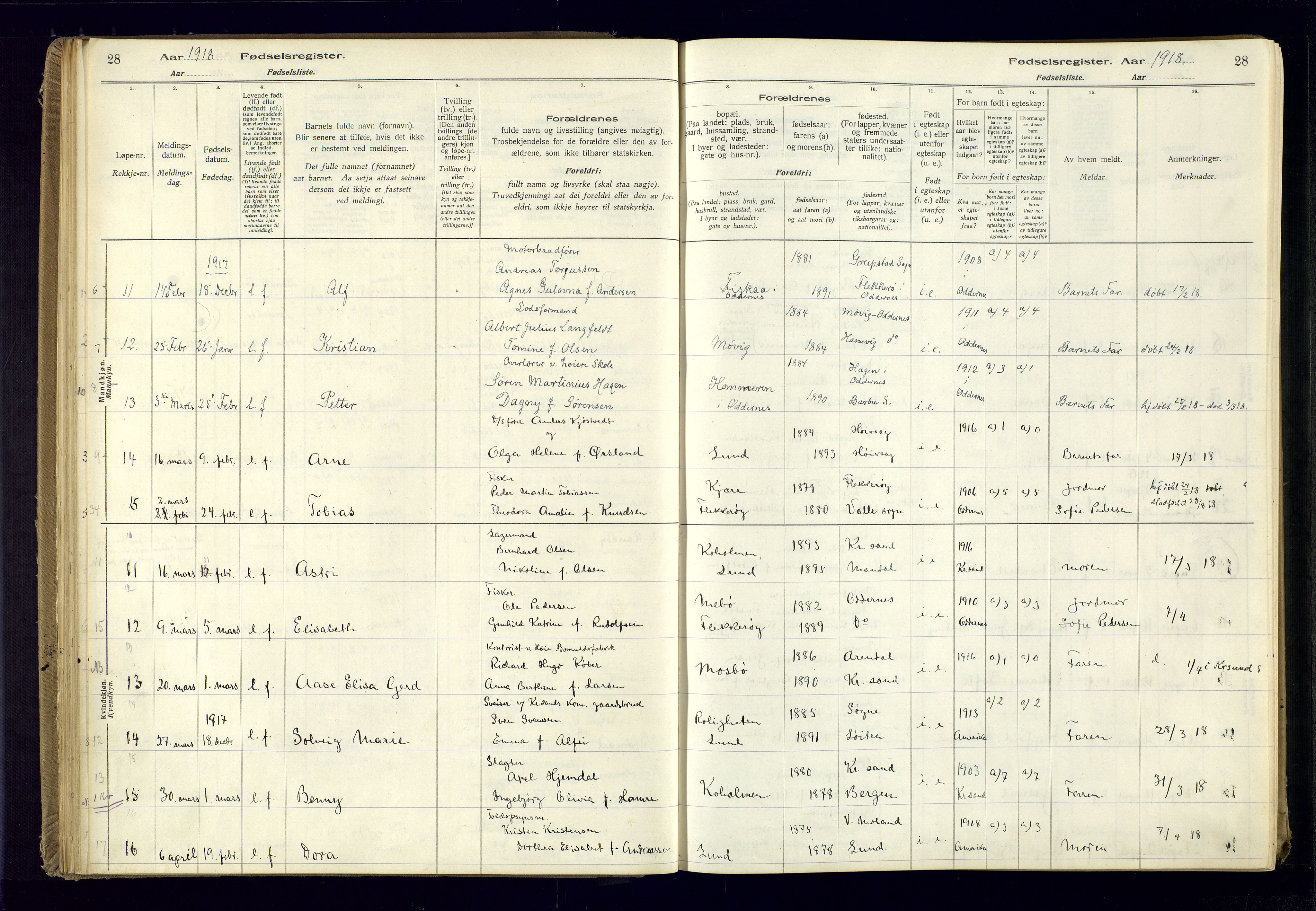 Oddernes sokneprestkontor, AV/SAK-1111-0033/J/Ja/L0001: Birth register no. 1, 1916-1935, p. 28