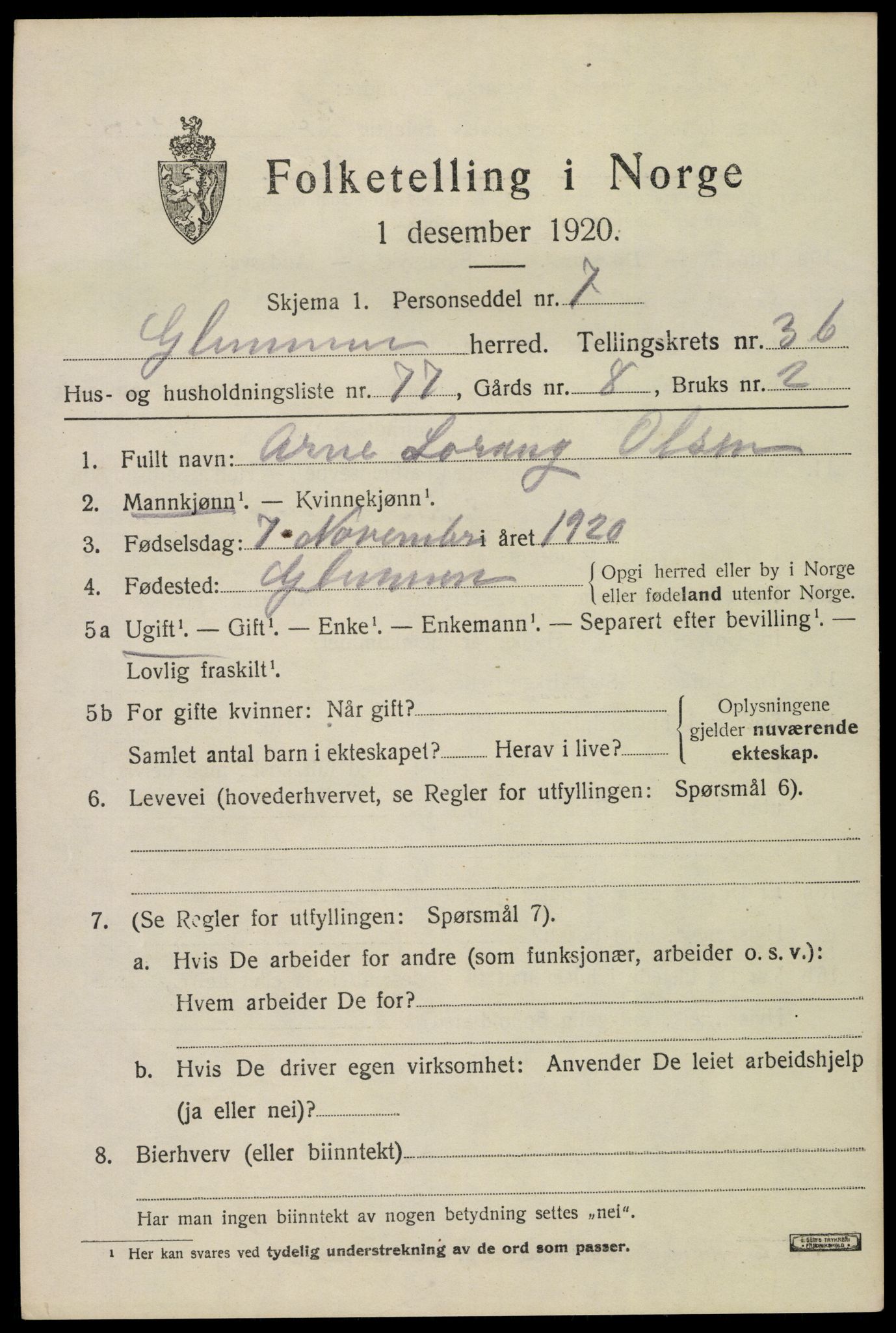 SAO, 1920 census for Glemmen, 1920, p. 10461