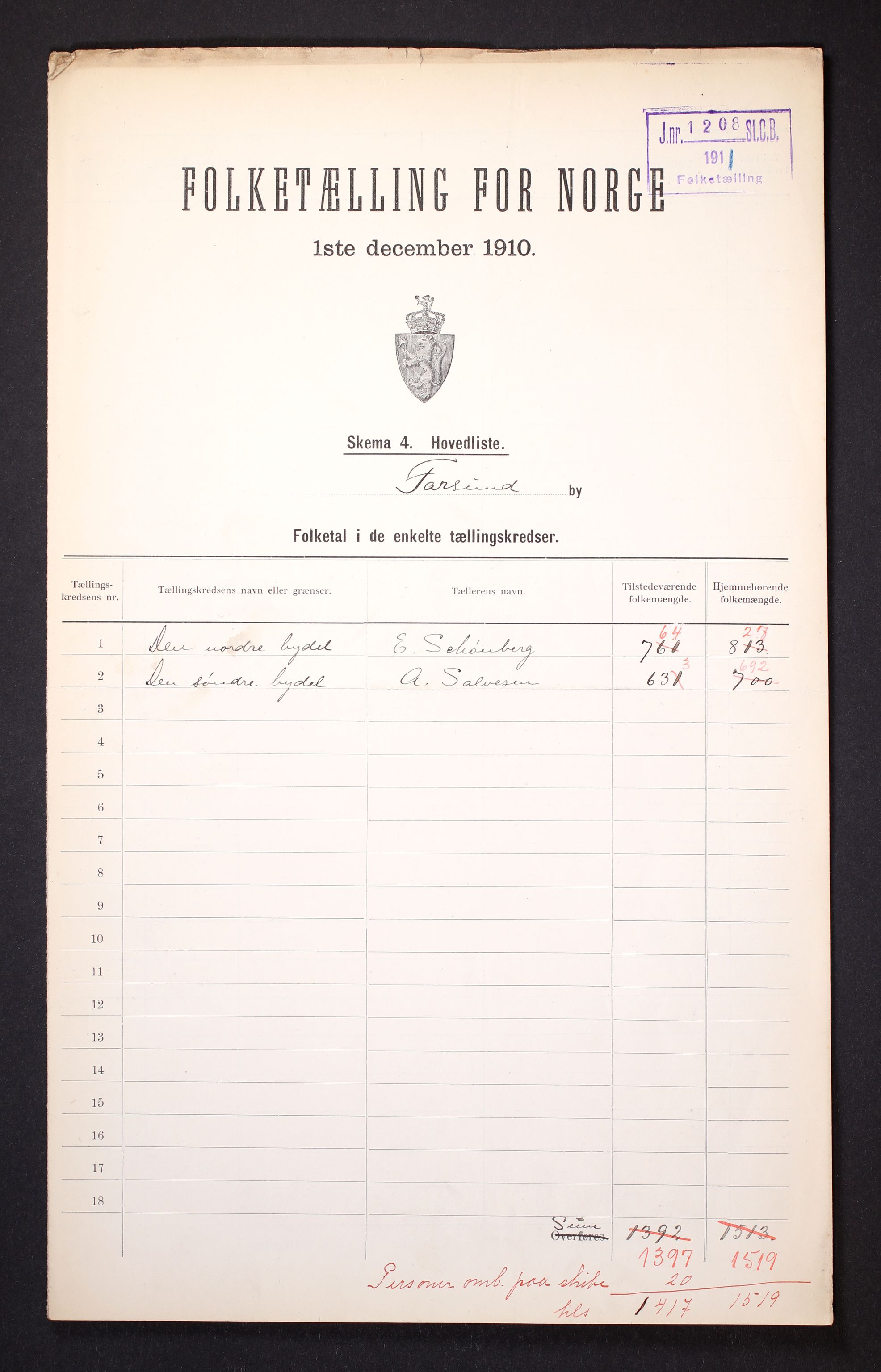 RA, 1910 census for Farsund, 1910, p. 3