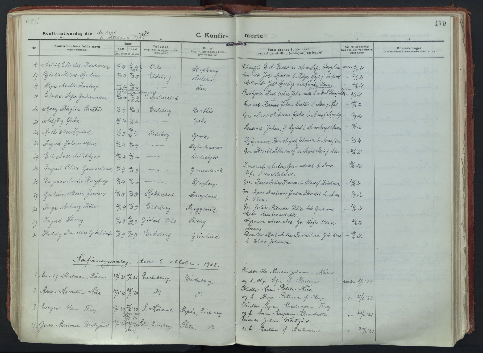 Eidsberg prestekontor Kirkebøker, SAO/A-10905/F/Fa/L0015: Parish register (official) no. I 15, 1920-1937, p. 179