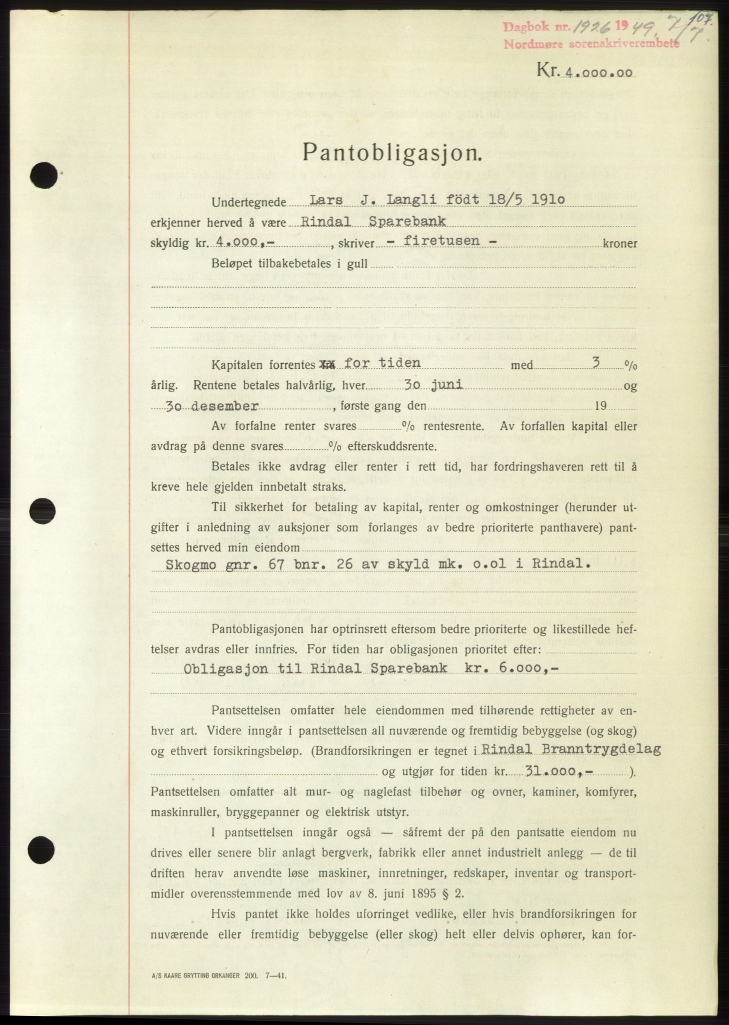 Nordmøre sorenskriveri, AV/SAT-A-4132/1/2/2Ca: Mortgage book no. B102, 1949-1949, Diary no: : 1926/1949