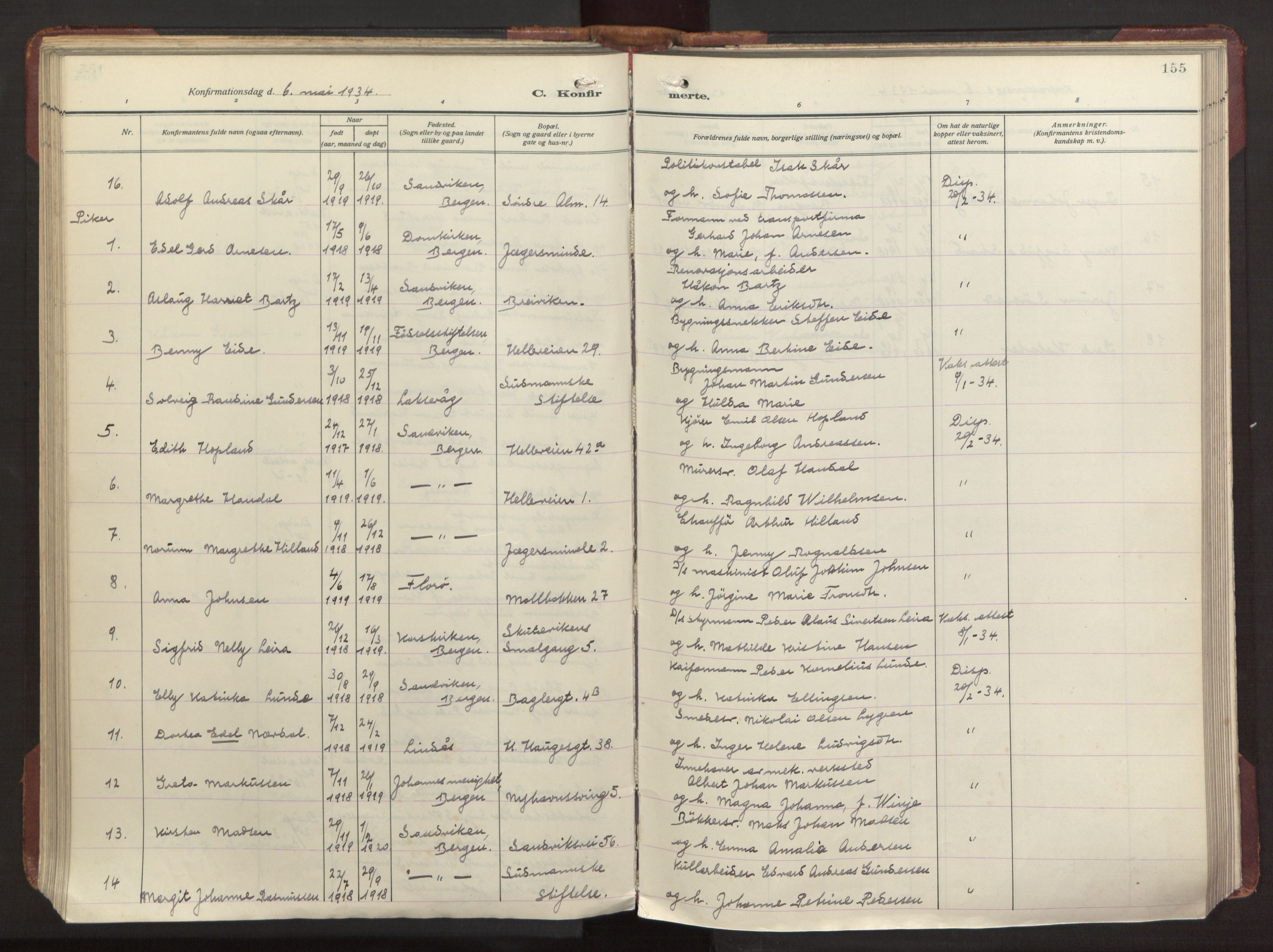 Sandviken Sokneprestembete, AV/SAB-A-77601/H/Ha/L0013: Parish register (official) no. C 4, 1926-1943, p. 155