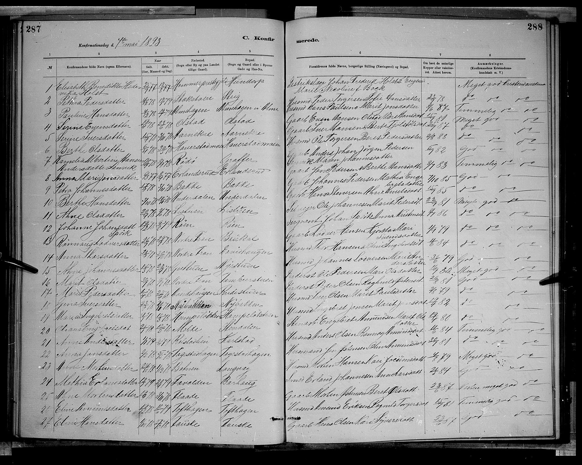 Sør-Fron prestekontor, SAH/PREST-010/H/Ha/Hab/L0003: Parish register (copy) no. 3, 1884-1896, p. 287-288