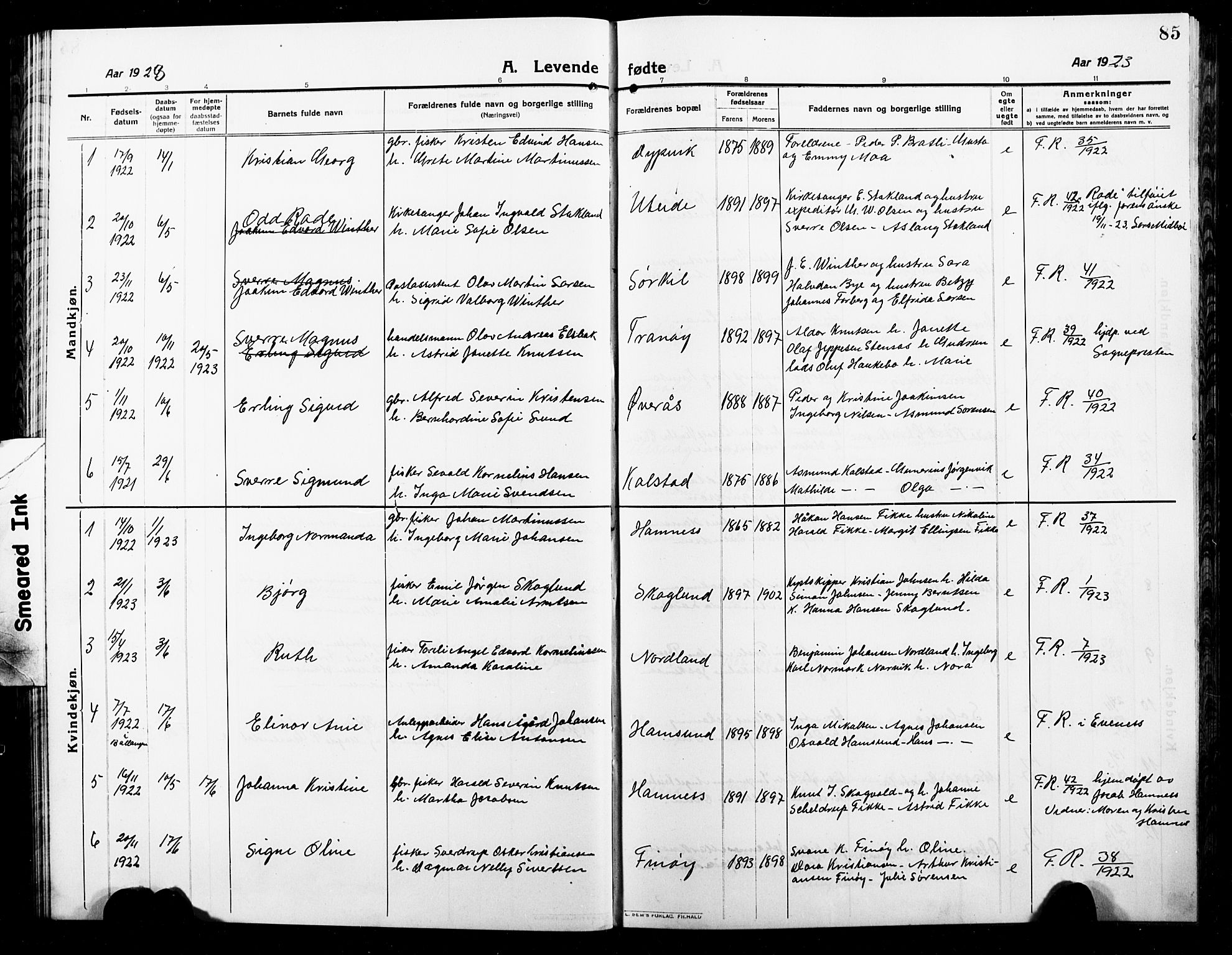 Ministerialprotokoller, klokkerbøker og fødselsregistre - Nordland, AV/SAT-A-1459/859/L0861: Parish register (copy) no. 859C07, 1910-1925, p. 85