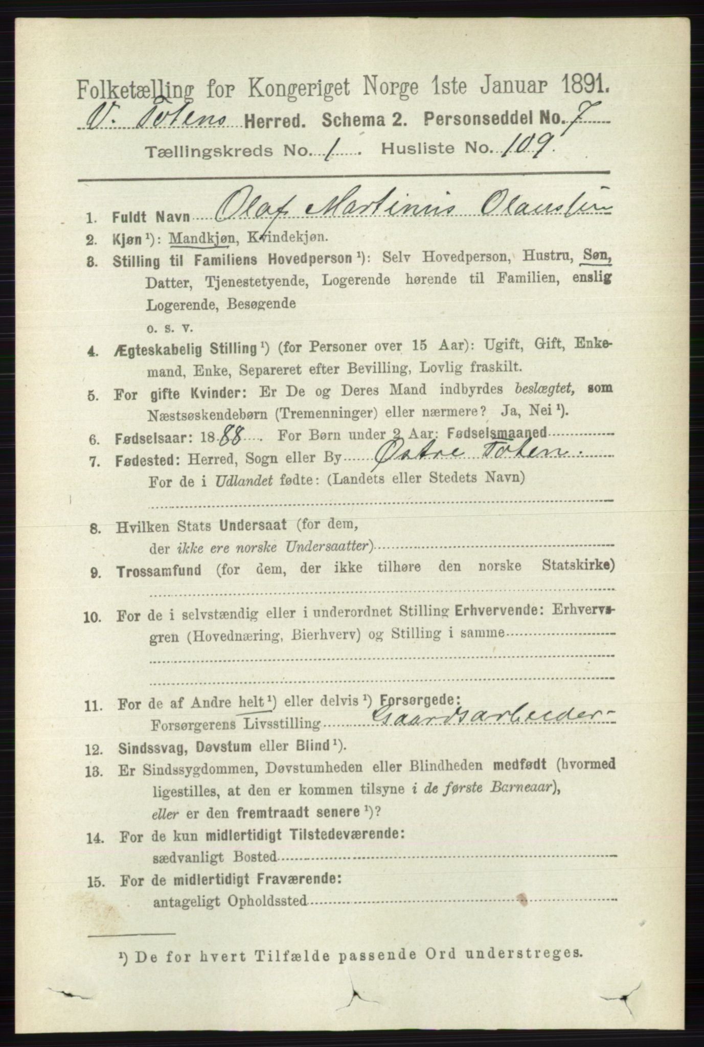 RA, 1891 census for 0529 Vestre Toten, 1891, p. 1084