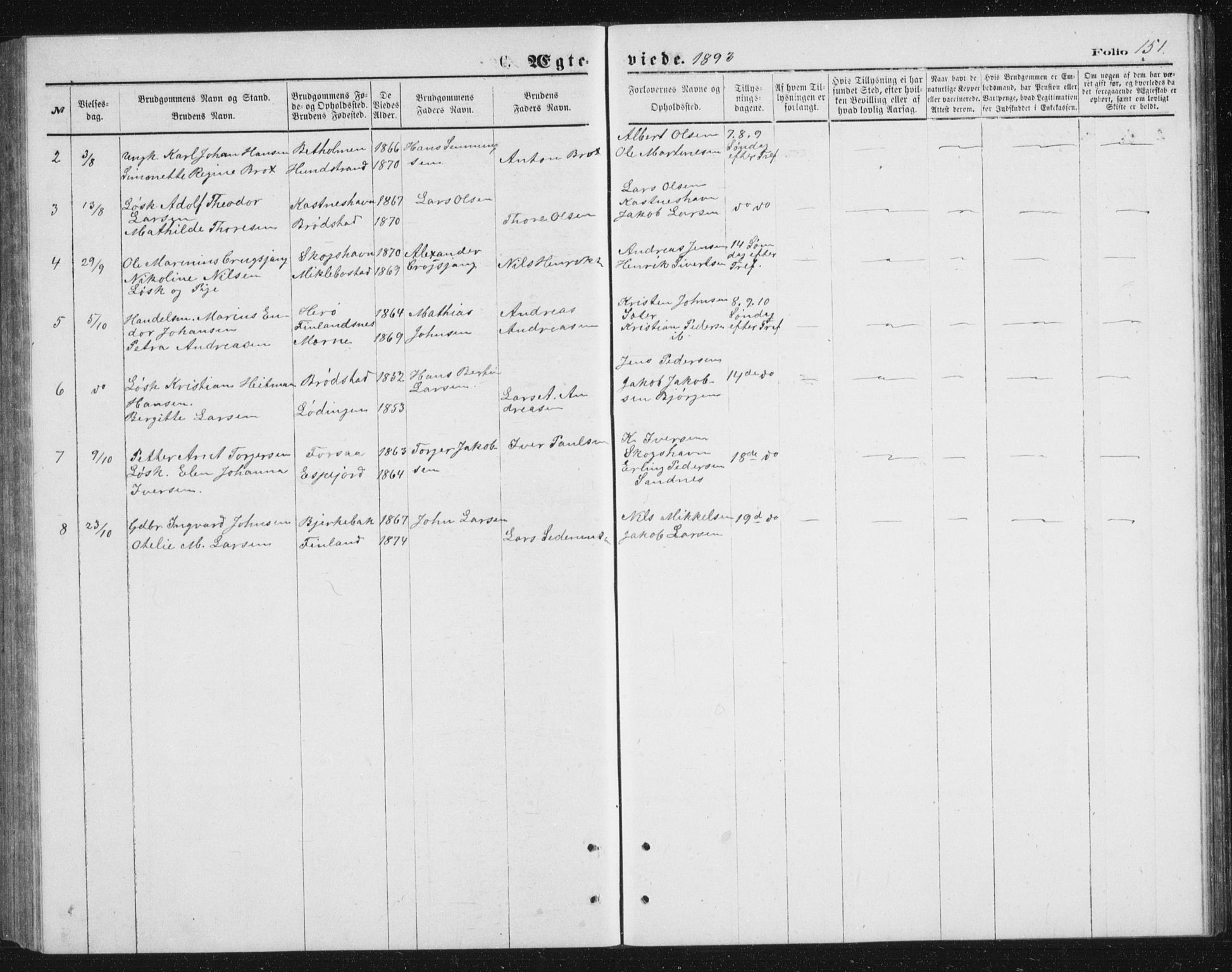 Tranøy sokneprestkontor, AV/SATØ-S-1313/I/Ia/Iab/L0013klokker: Parish register (copy) no. 13, 1874-1896, p. 151