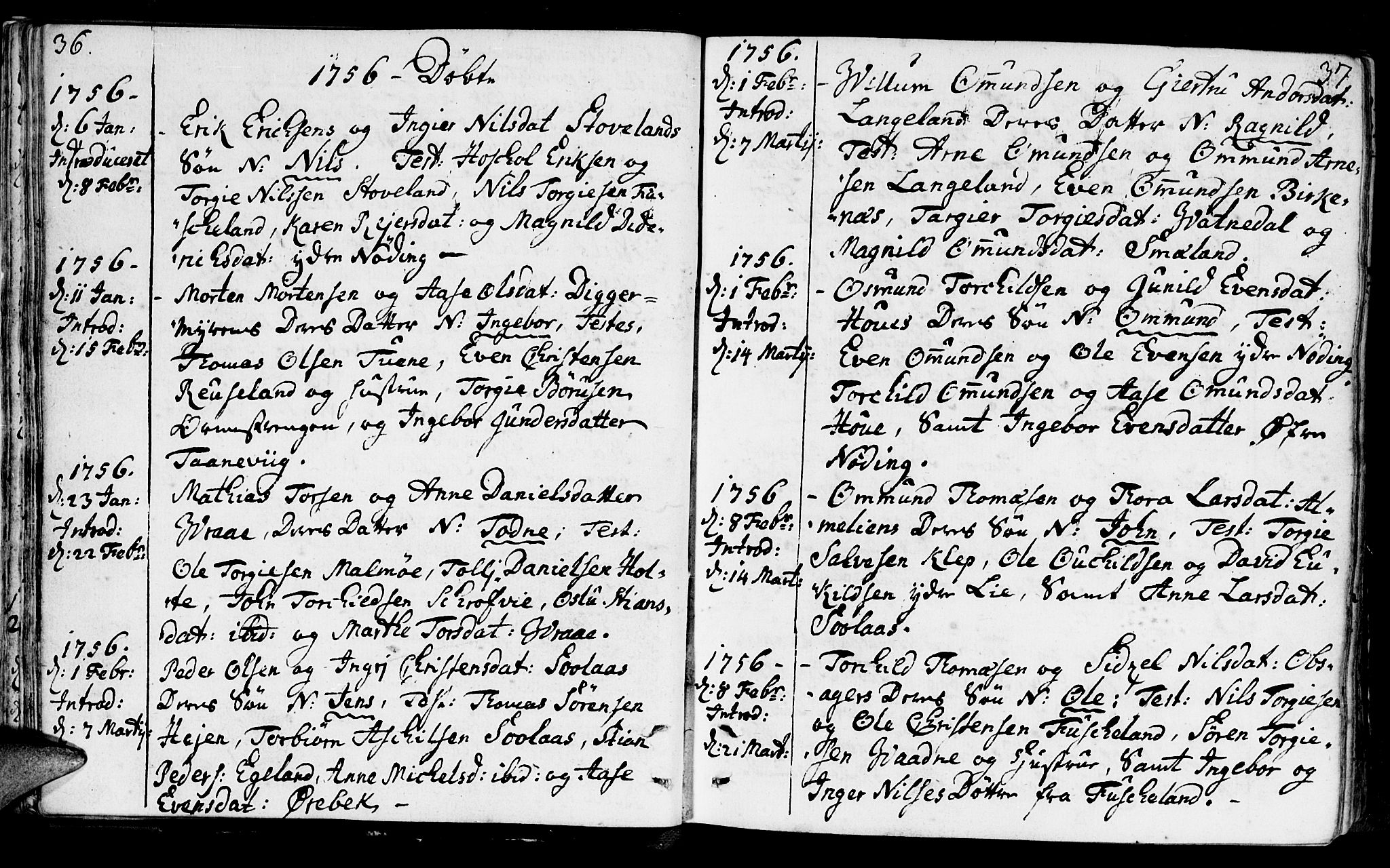 Holum sokneprestkontor, SAK/1111-0022/F/Fa/Faa/L0002: Parish register (official) no. A 2, 1756-1780, p. 36-37