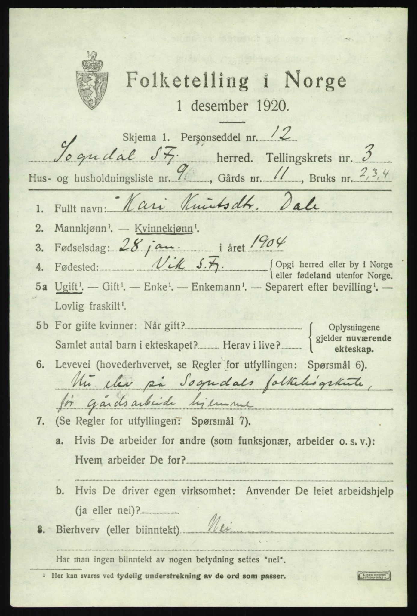 SAB, 1920 census for Sogndal, 1920, p. 2223