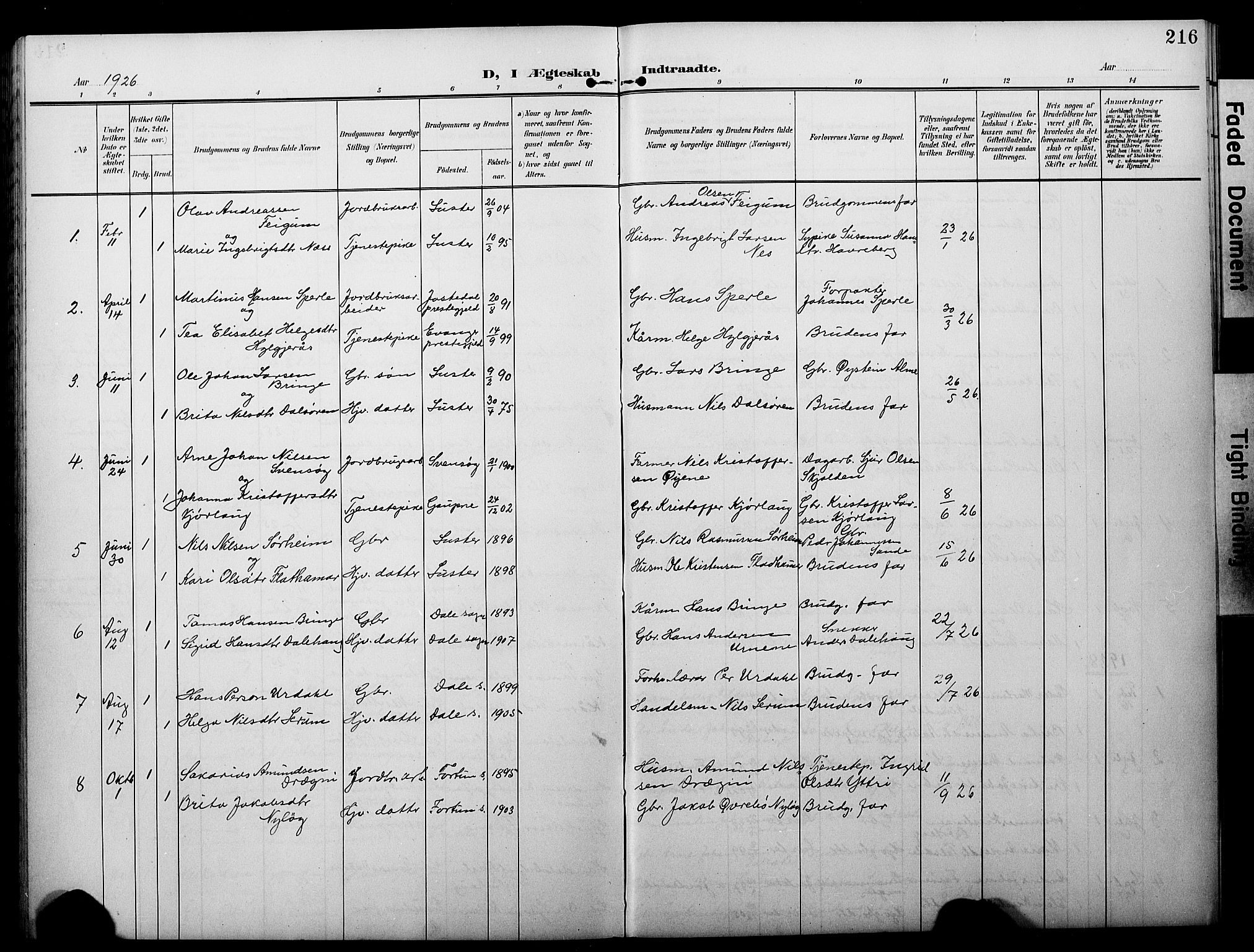 Luster sokneprestembete, AV/SAB-A-81101/H/Hab/Haba/L0001: Parish register (copy) no. A 1, 1903-1930, p. 216