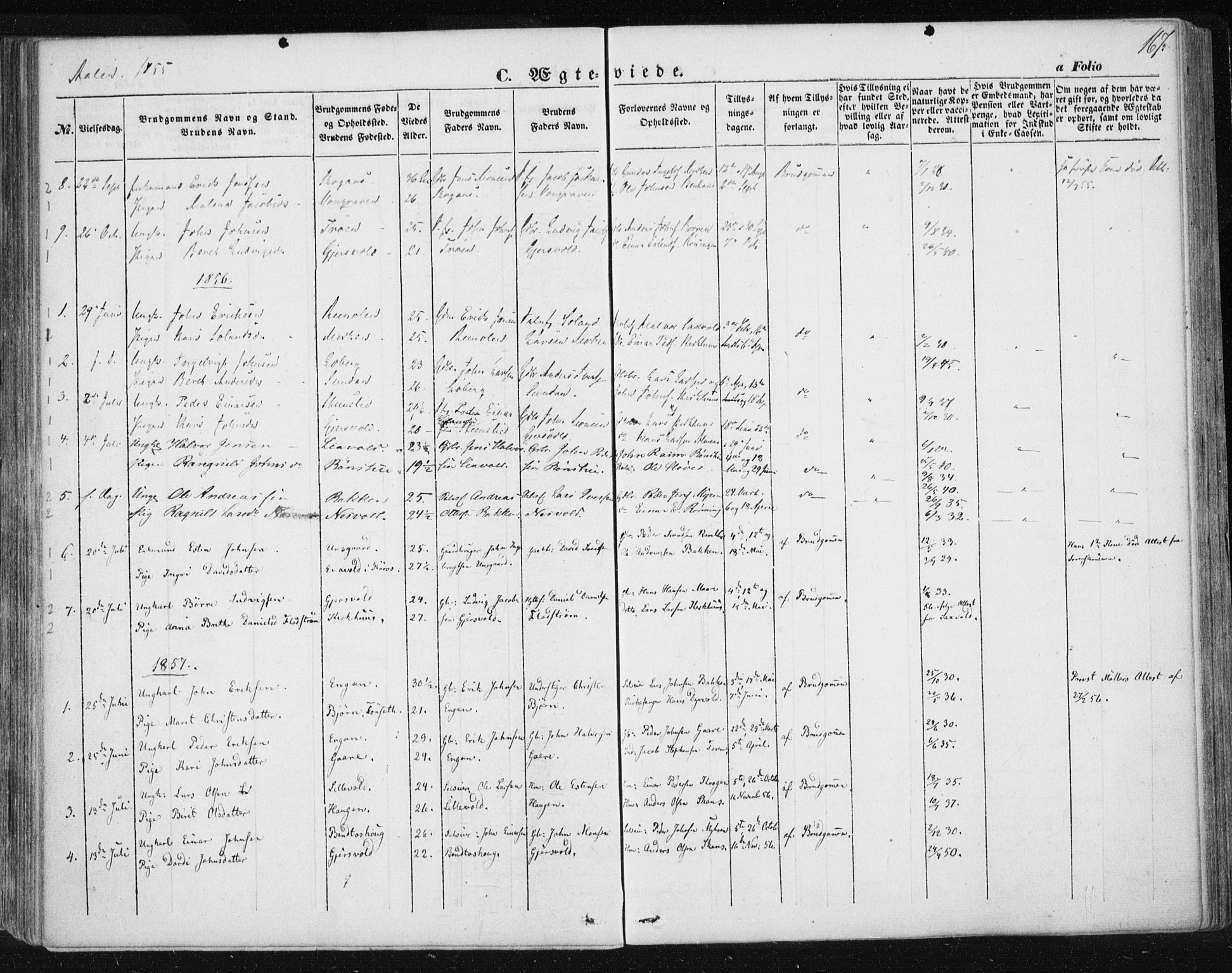 Ministerialprotokoller, klokkerbøker og fødselsregistre - Sør-Trøndelag, SAT/A-1456/685/L0965: Parish register (official) no. 685A06 /3, 1846-1859, p. 167