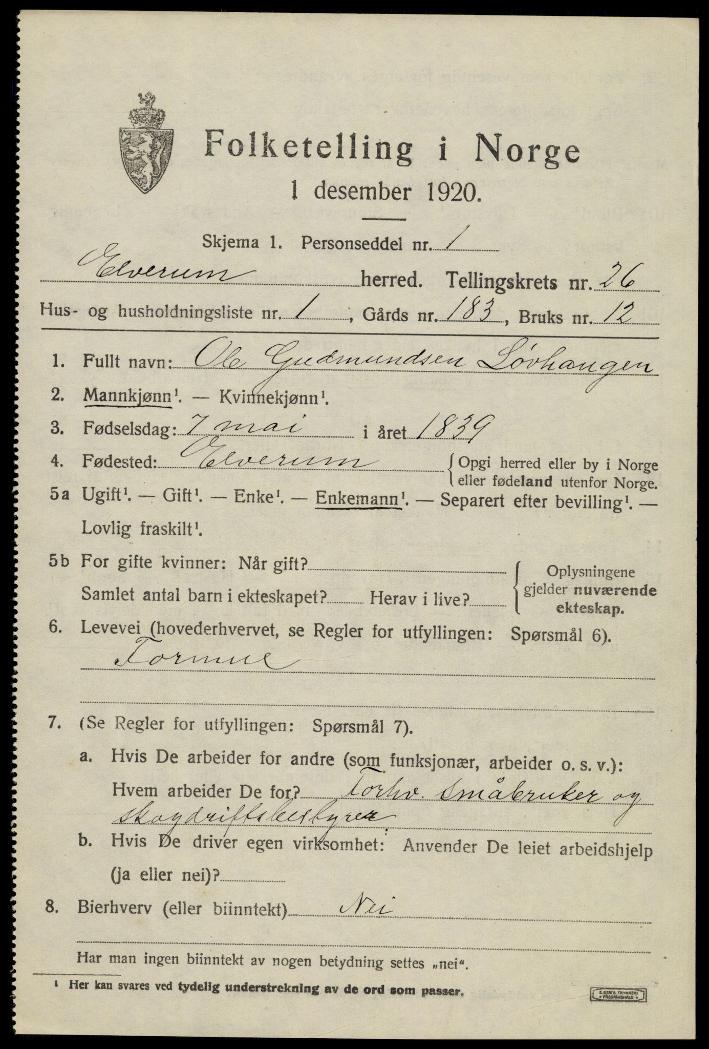 SAH, 1920 census for Elverum, 1920, p. 26838