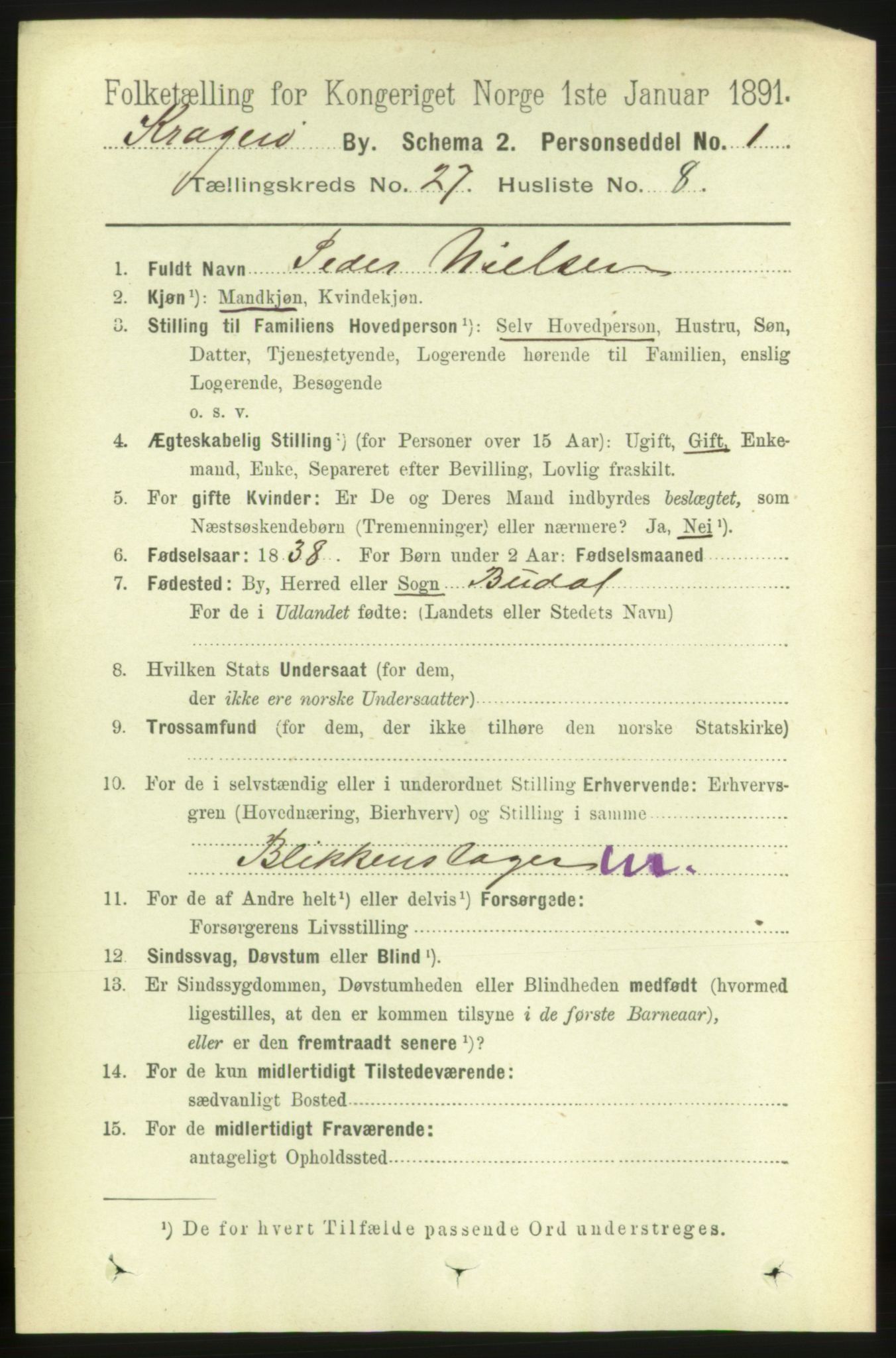 RA, 1891 census for 0801 Kragerø, 1891, p. 5330