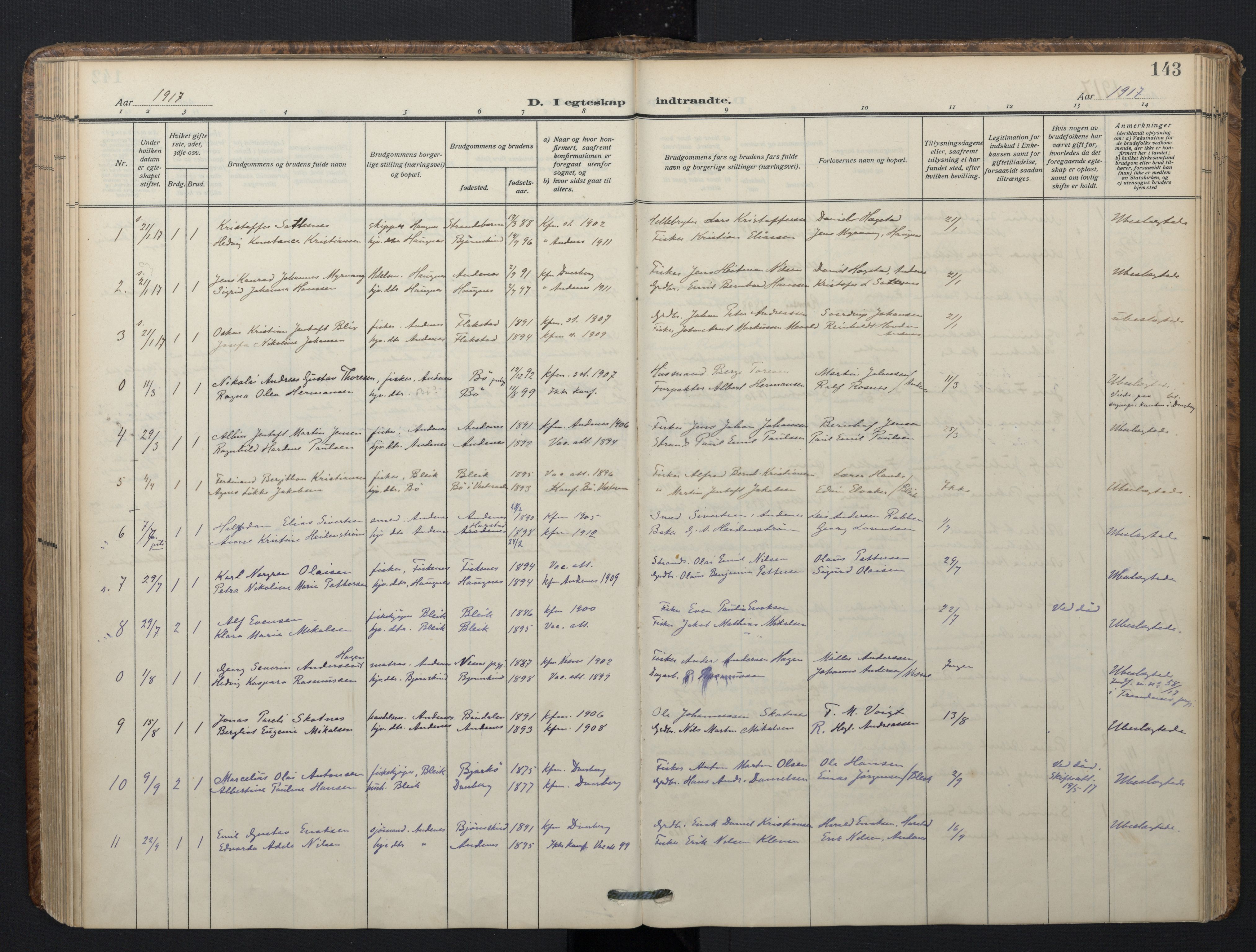 Ministerialprotokoller, klokkerbøker og fødselsregistre - Nordland, SAT/A-1459/899/L1438: Parish register (official) no. 899A06, 1909-1922, p. 143