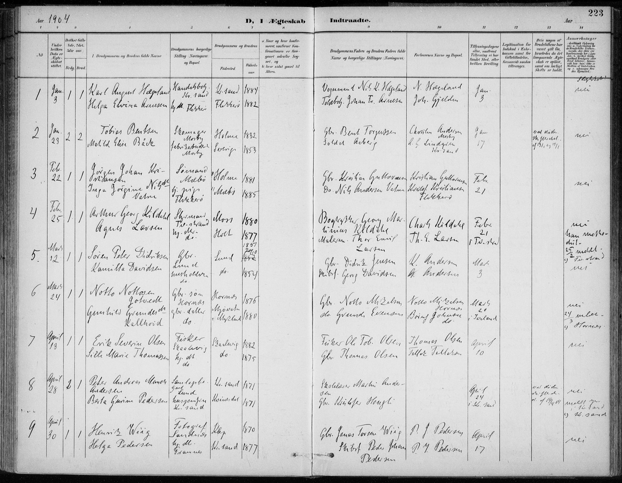 Oddernes sokneprestkontor, SAK/1111-0033/F/Fa/Faa/L0010: Parish register (official) no. A 10, 1897-1911, p. 223