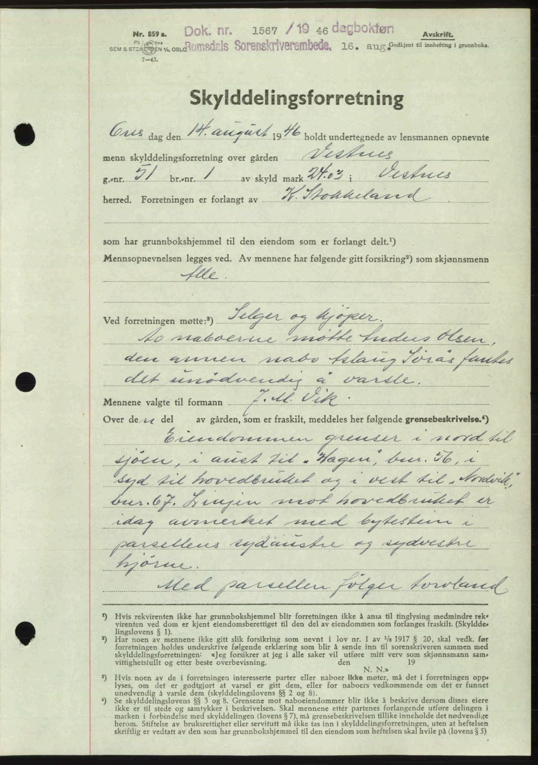 Romsdal sorenskriveri, AV/SAT-A-4149/1/2/2C: Mortgage book no. A20, 1946-1946, Diary no: : 1567/1946