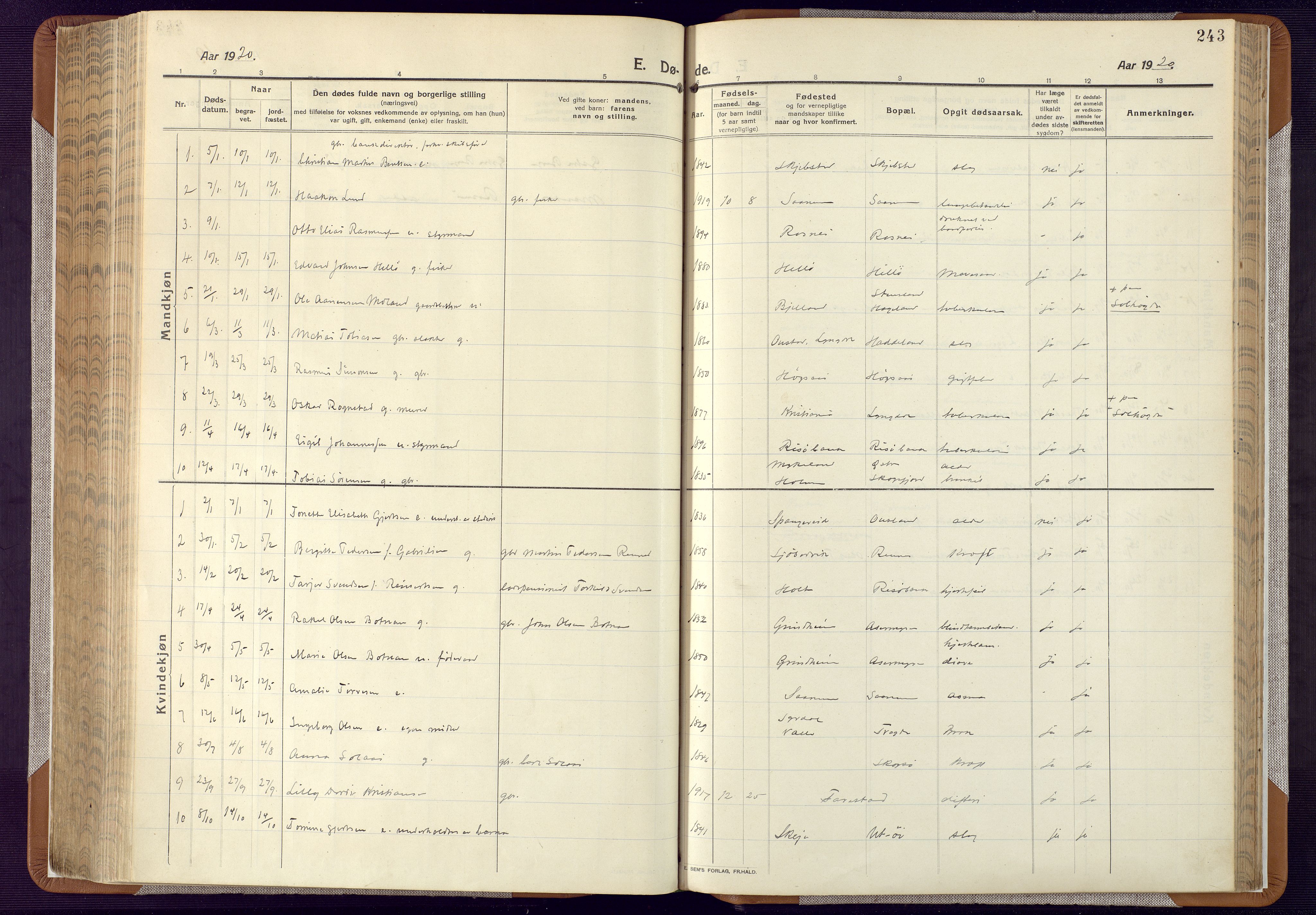 Mandal sokneprestkontor, AV/SAK-1111-0030/F/Fa/Faa/L0022: Parish register (official) no. A 22, 1913-1925, p. 243