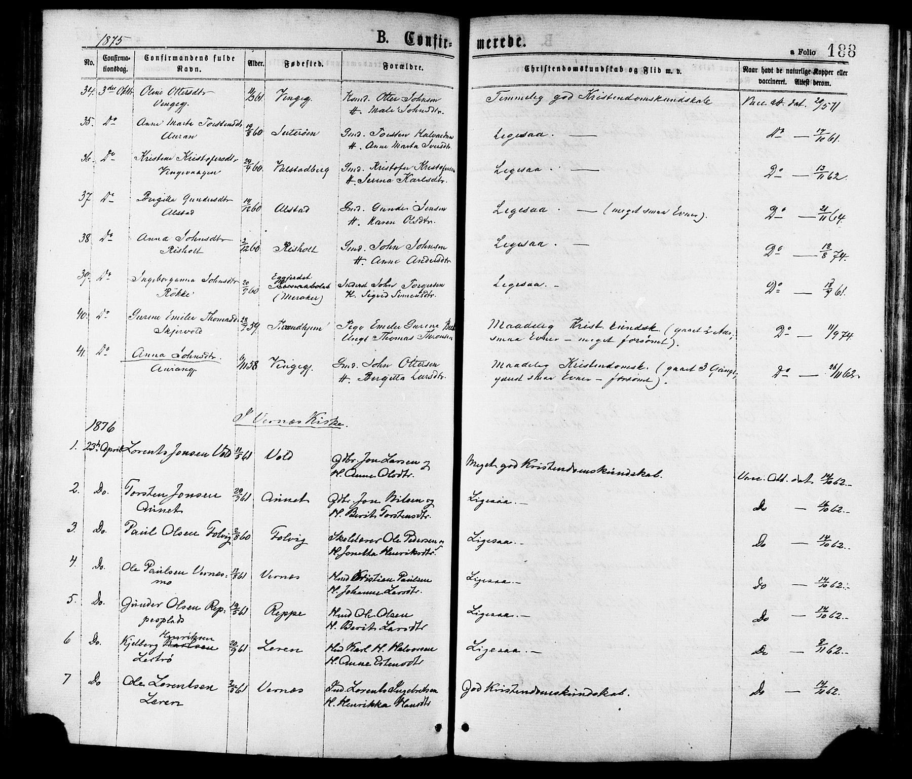 Ministerialprotokoller, klokkerbøker og fødselsregistre - Nord-Trøndelag, AV/SAT-A-1458/709/L0076: Parish register (official) no. 709A16, 1871-1879, p. 188