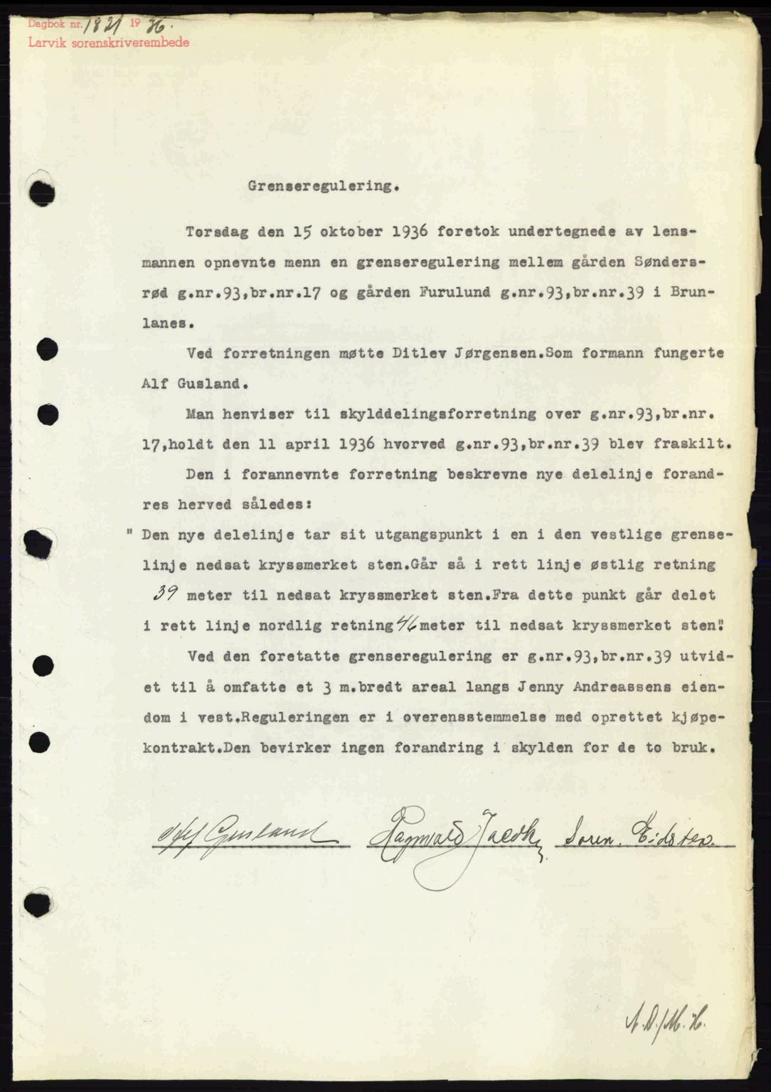 Larvik sorenskriveri, SAKO/A-83/G/Ga/Gab/L0067: Mortgage book no. A-1, 1936-1937, Diary no: : 1821/1936