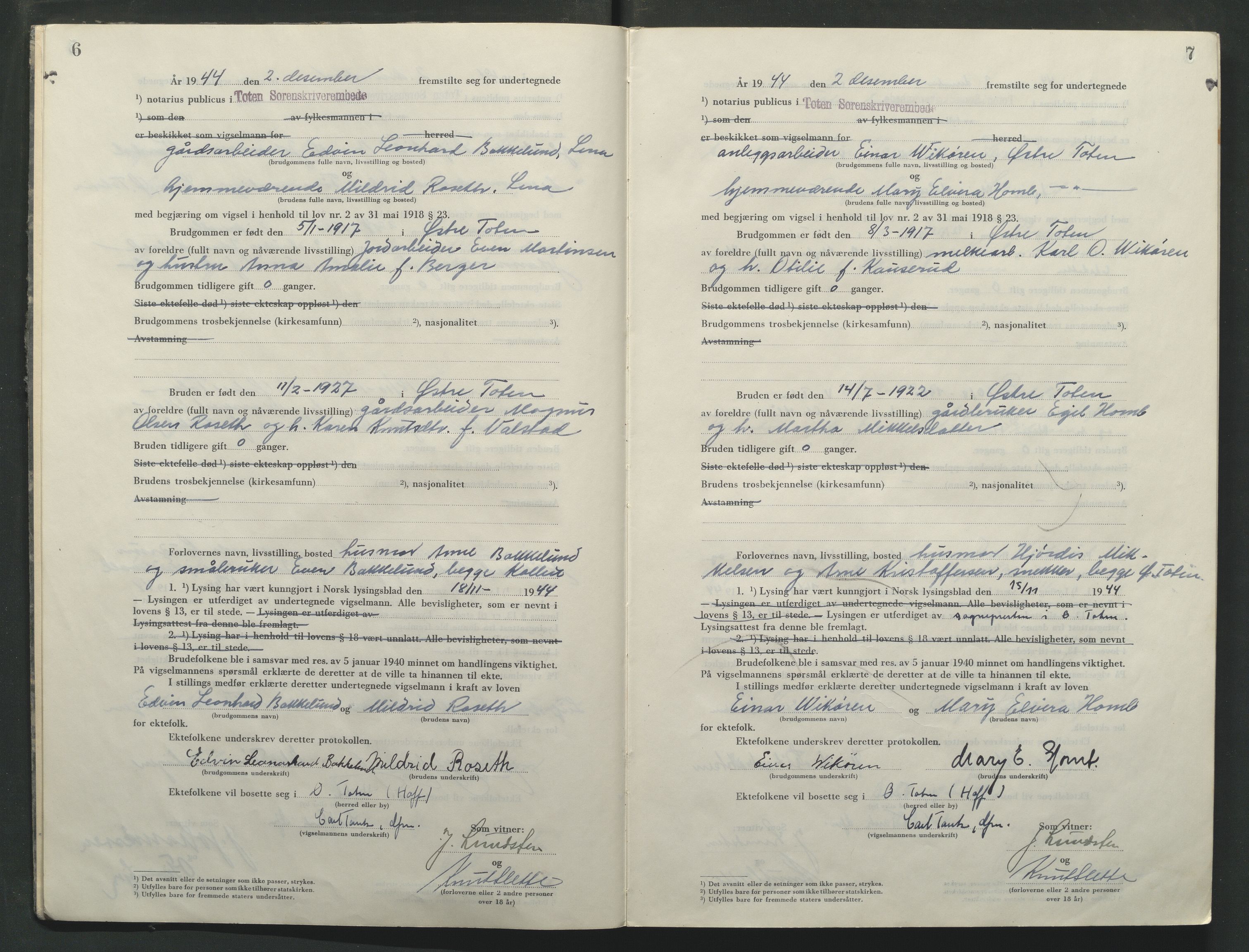 Toten tingrett, AV/SAH-TING-006/L/Lc/L0005: Vigselbok, 1944-1948, p. 6-7