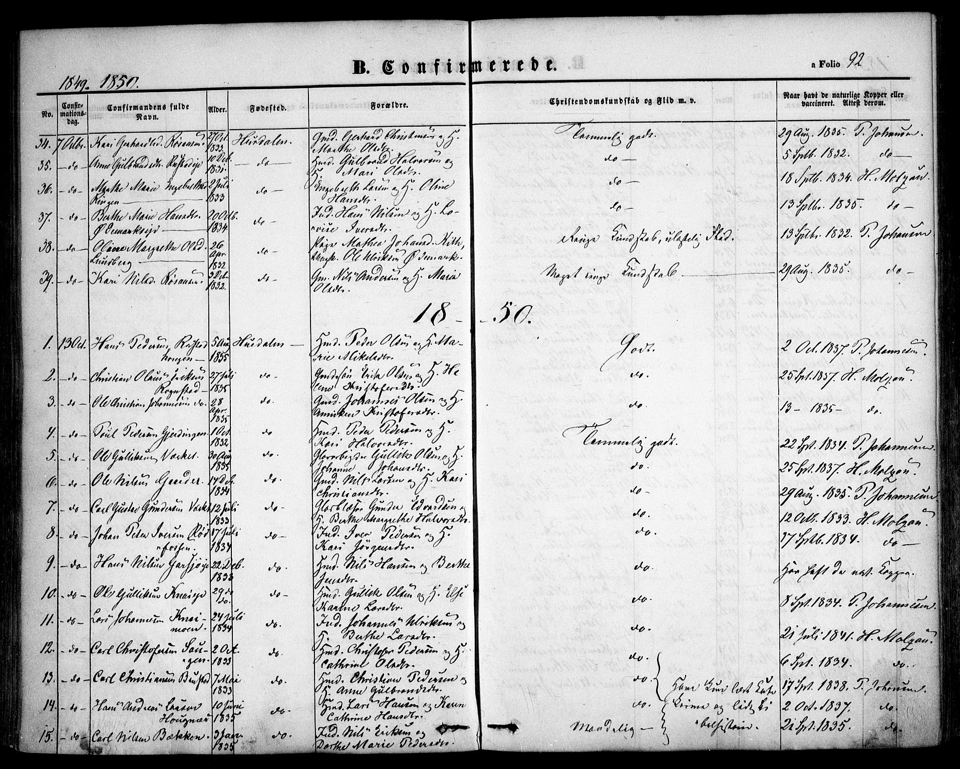 Hurdal prestekontor Kirkebøker, AV/SAO-A-10889/F/Fa/L0005: Parish register (official) no. I 5, 1846-1859, p. 92