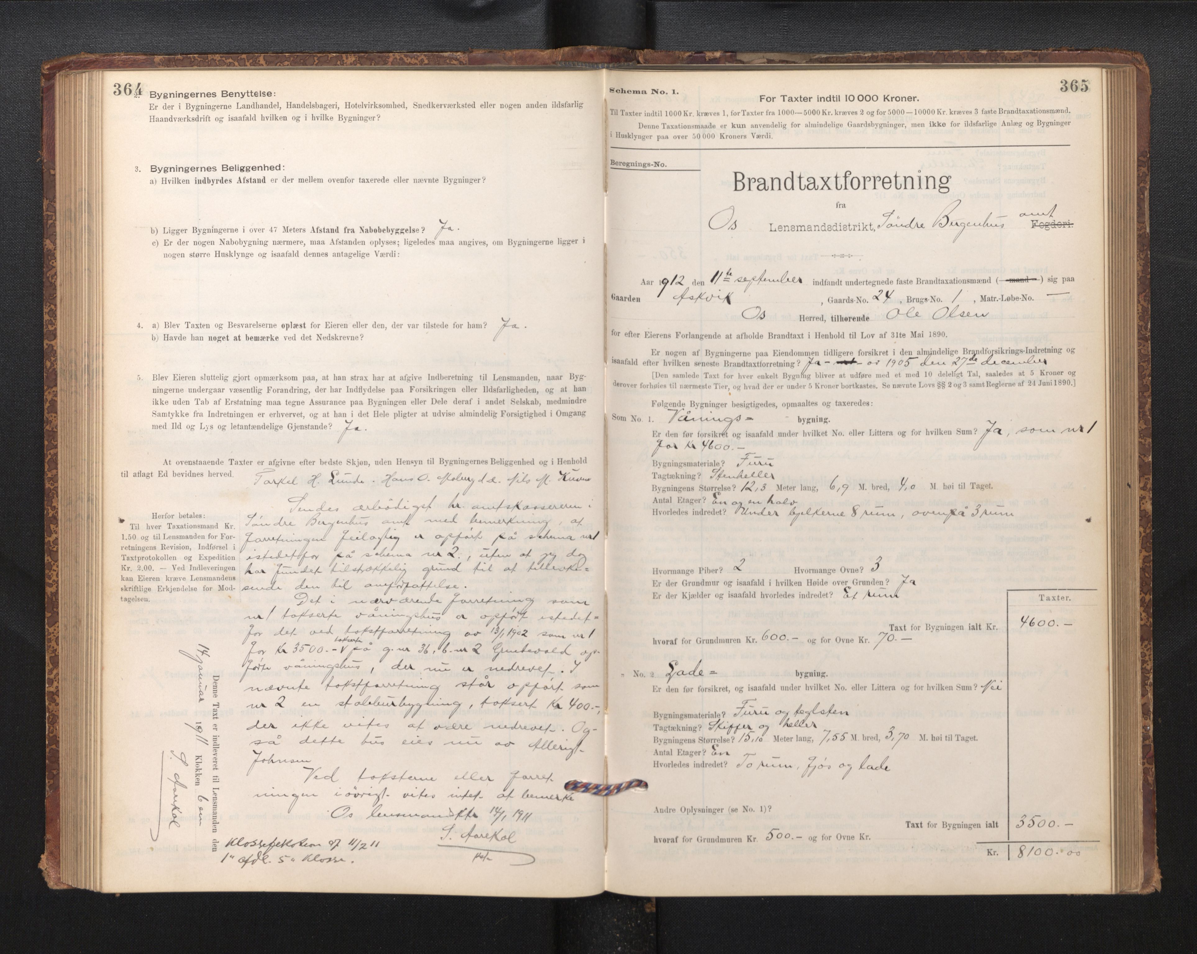 Lensmannen i Os, SAB/A-34101/0012/L0008: Branntakstprotokoll, skjematakst, 1894-1915, p. 364-365
