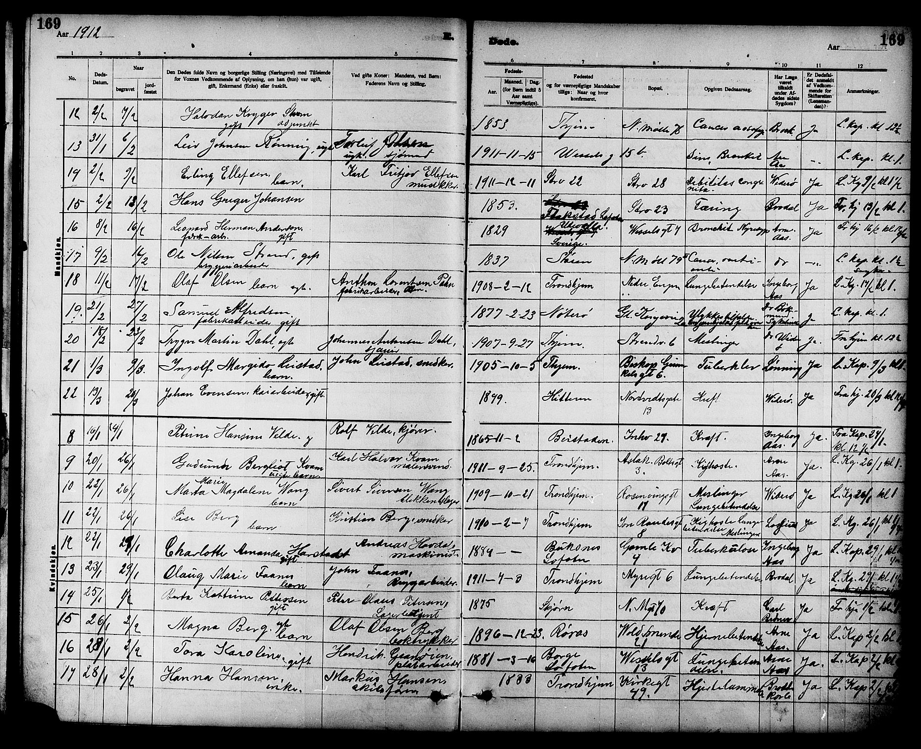 Ministerialprotokoller, klokkerbøker og fødselsregistre - Sør-Trøndelag, SAT/A-1456/605/L0255: Parish register (copy) no. 605C02, 1908-1918, p. 169