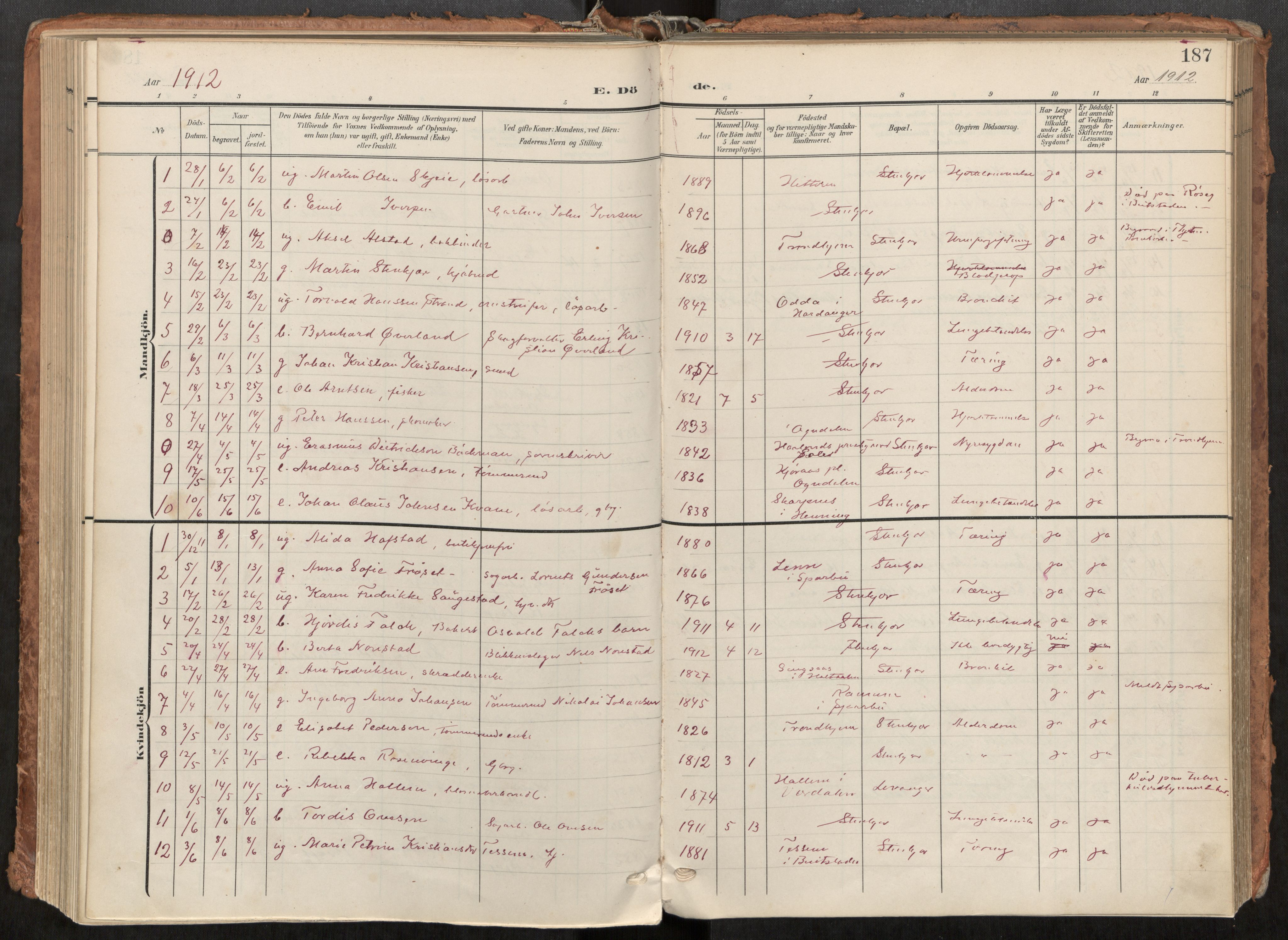 Steinkjer sokneprestkontor, AV/SAT-A-1541/01/H/Ha/Haa/L0001: Parish register (official) no. 1, 1904-1912, p. 187