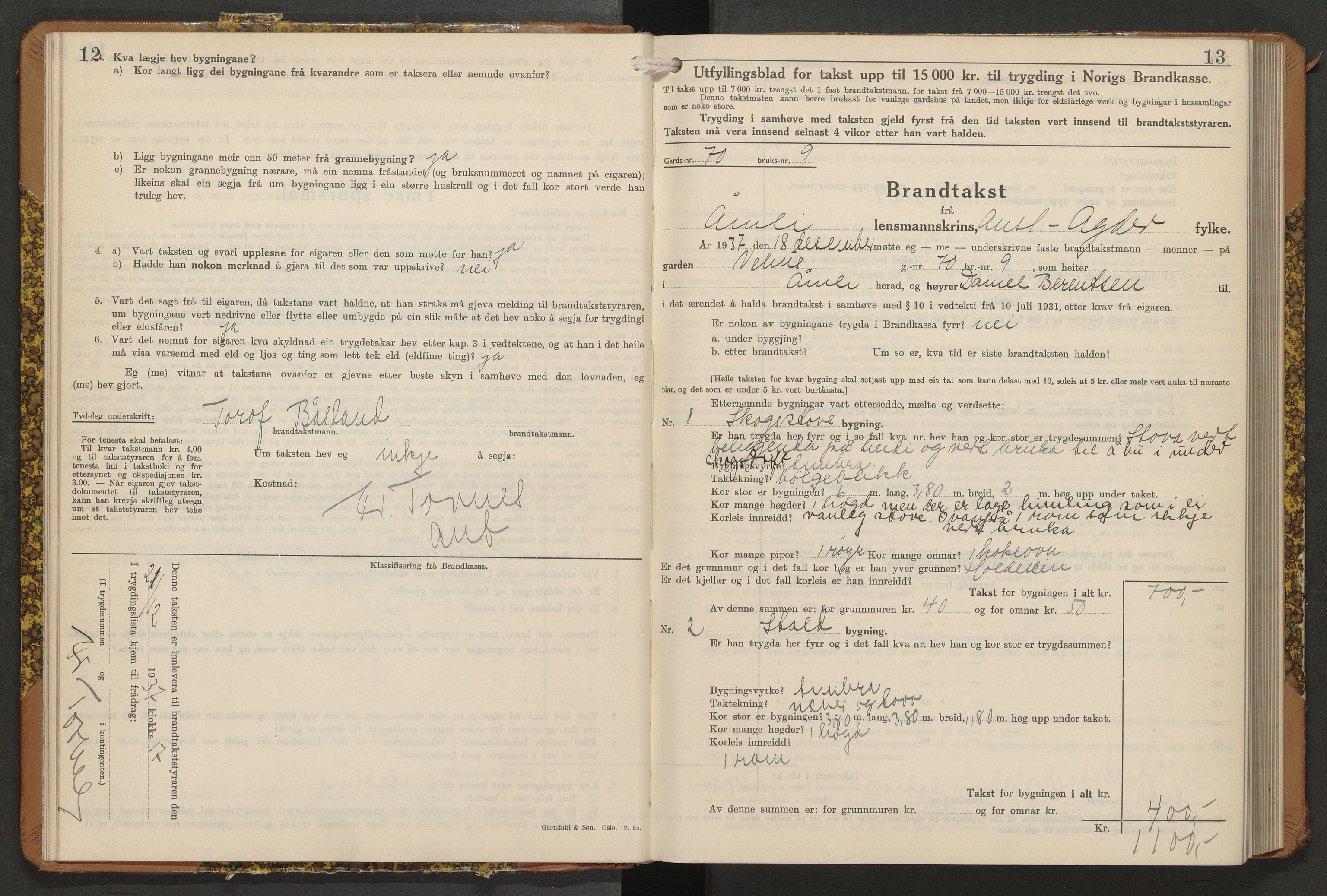 Norges Brannkasse Åmli og Gjøvdal, AV/SAK-2241-0061/F/Fa/L0008: Branntakstprotokoll nr. 8 med originalt register, 1937-1949