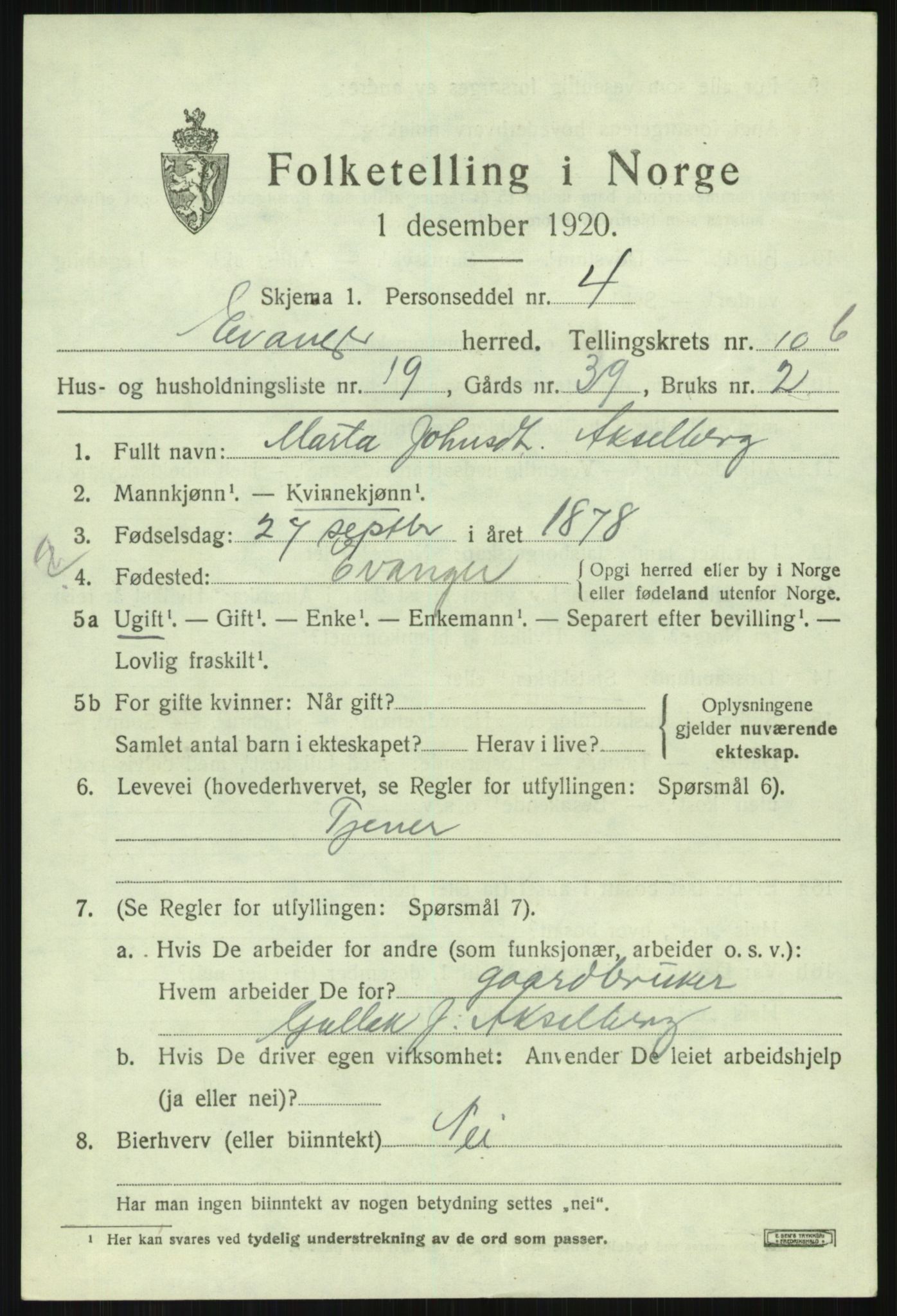 SAB, 1920 census for Evanger, 1920, p. 3561