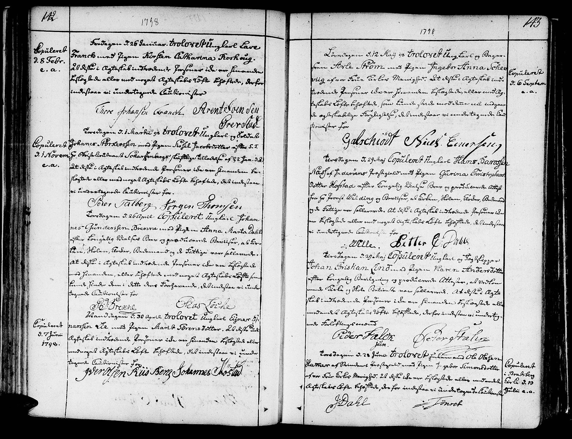 Ministerialprotokoller, klokkerbøker og fødselsregistre - Sør-Trøndelag, SAT/A-1456/602/L0105: Parish register (official) no. 602A03, 1774-1814, p. 142-143