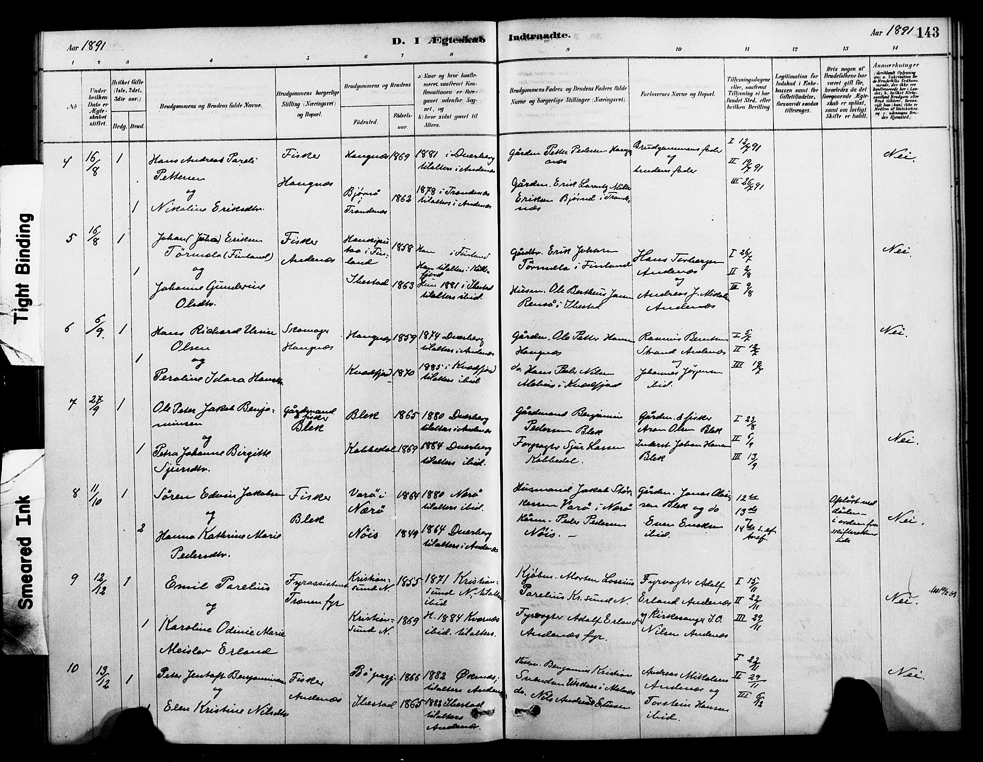 Ministerialprotokoller, klokkerbøker og fødselsregistre - Nordland, AV/SAT-A-1459/899/L1436: Parish register (official) no. 899A04, 1881-1896, p. 143