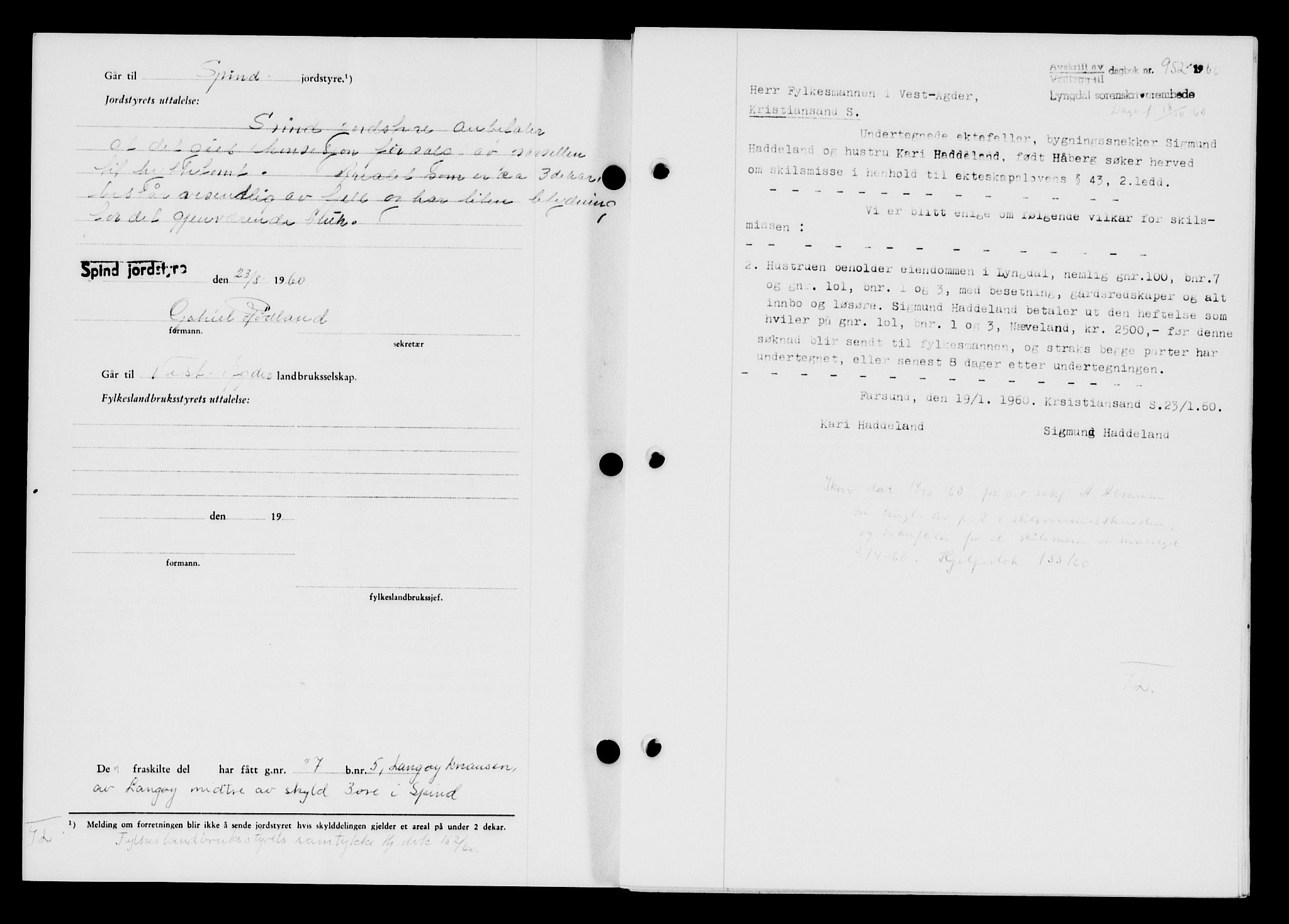 Lyngdal sorenskriveri, AV/SAK-1221-0004/G/Gb/L0680: Mortgage book no. A XXVI, 1960-1960, Diary no: : 952/1960