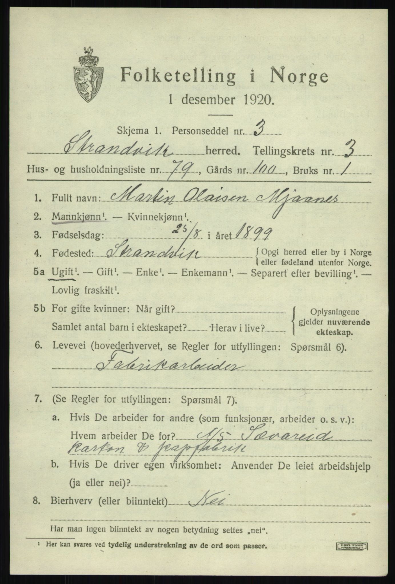 SAB, 1920 census for Strandvik, 1920, p. 3138